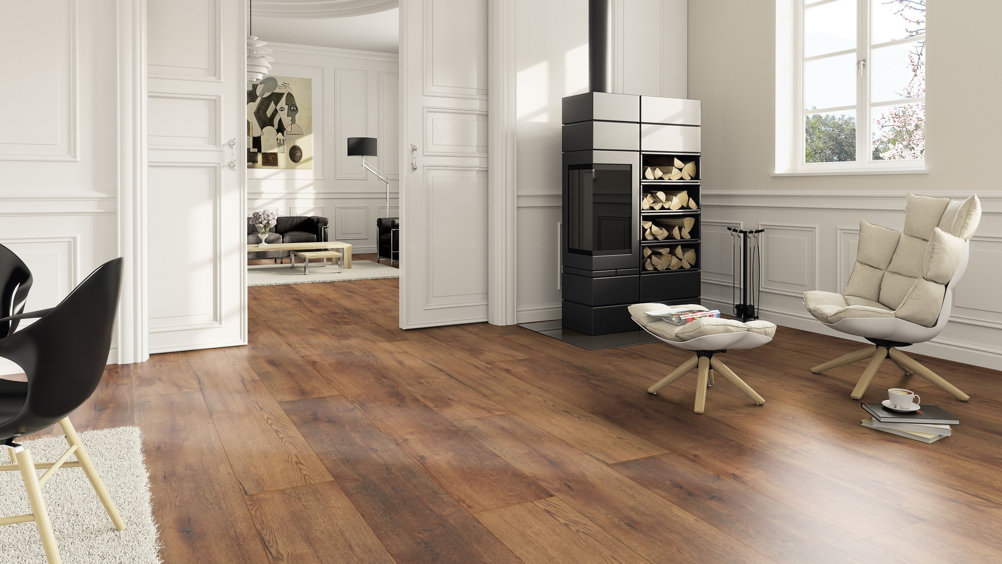 Milieubild Wohnzimmer im Landhaus-Stil mit Kamin - ter Hürne HDF Klick-Designboden Dureco Silent Grand Edition Eiche Tonga Milieubild Wohnzimmer im Landhaus-Stil mit Kamin - ter Hürne 1101330011