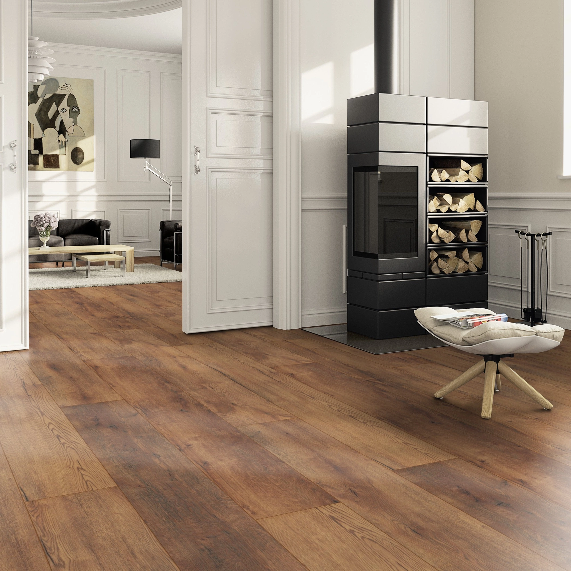 Milieubild Wohnzimmer im Landhaus-Stil mit Kamin - ter Hürne HDF Klick-Designboden Dureco Silent Grand Edition Eiche Tonga Milieubild Wohnzimmer im Landhaus-Stil mit Kamin - ter Hürne 1101330011
