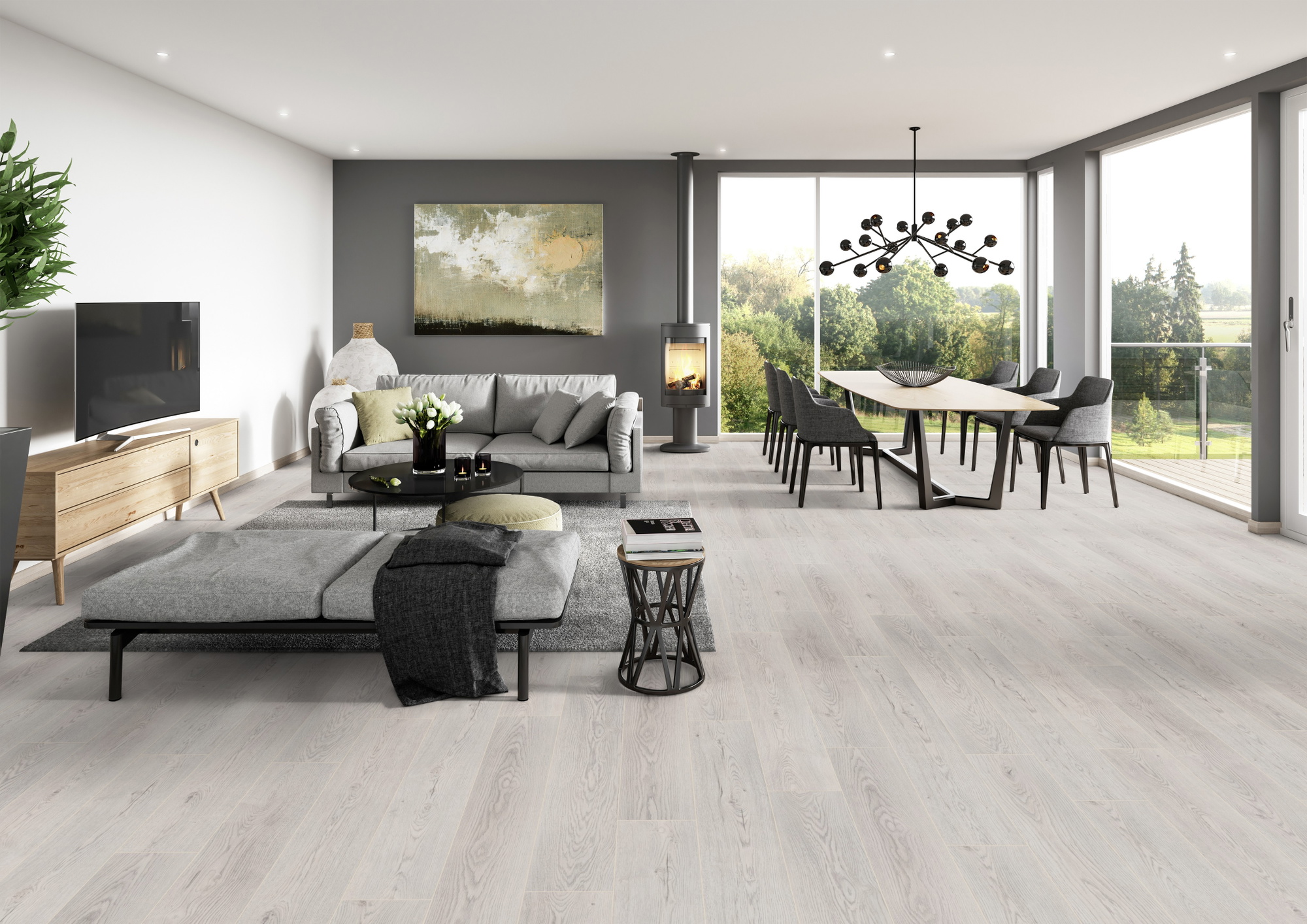 Milieubild Modernes Wohnzimmer mit Essbereich - ter Hürne HDF Klick-Designboden Dureco Silent Classic Edition Eiche Iceland Milieubild Modernes Wohnzimmer mit Essbereich - ter Hürne 1101330001