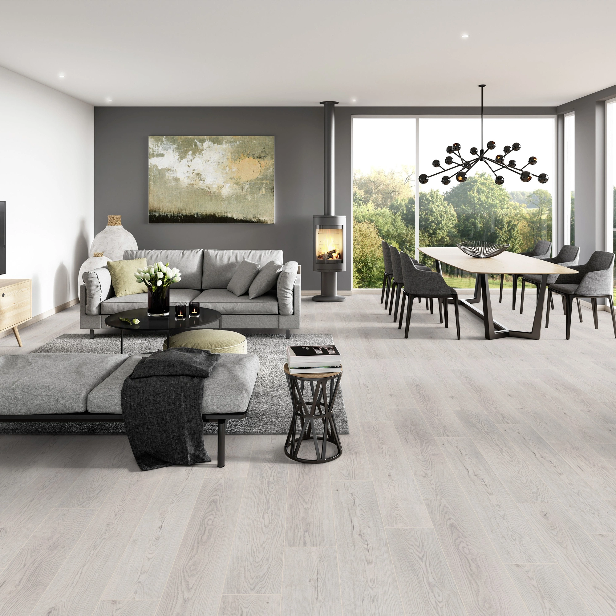 Milieubild Modernes Wohnzimmer mit Essbereich - ter Hürne HDF Klick-Designboden Dureco Silent Classic Edition Eiche Iceland Milieubild Modernes Wohnzimmer mit Essbereich - ter Hürne 1101330001