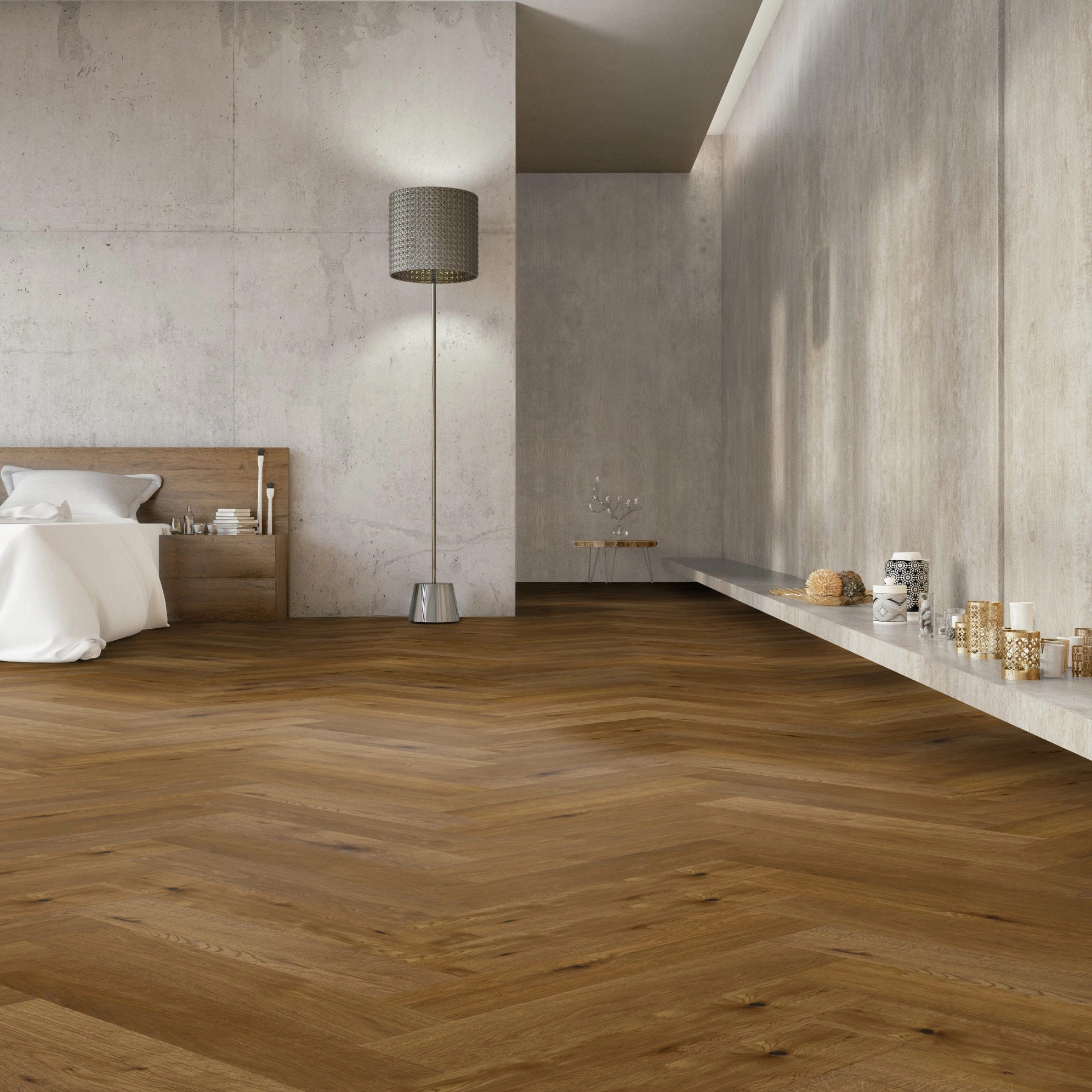 Milieubild Großzügiges Schafzimmer mit Betonwänden - Thede & Witte Parkett Maxistab Eiche geräuchert Milieubild Großzügiges Schafzimmer mit Betonwänden - Thede & Witte 52MSÖENF15EI65
