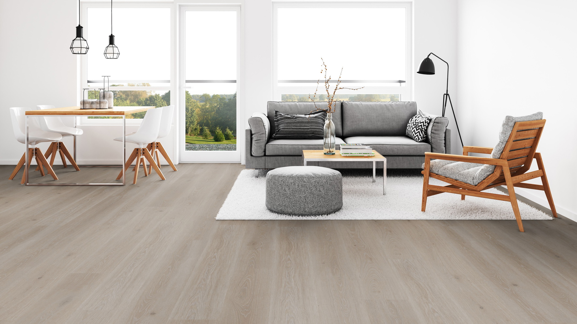 Milieubild Wohnzimmer mit Esszimmer - Tarkett Klebe-Vinyl Essence 55 Tribe Oak Grey Milieubild Wohnzimmer mit Esszimmer - Tarkett 260053008