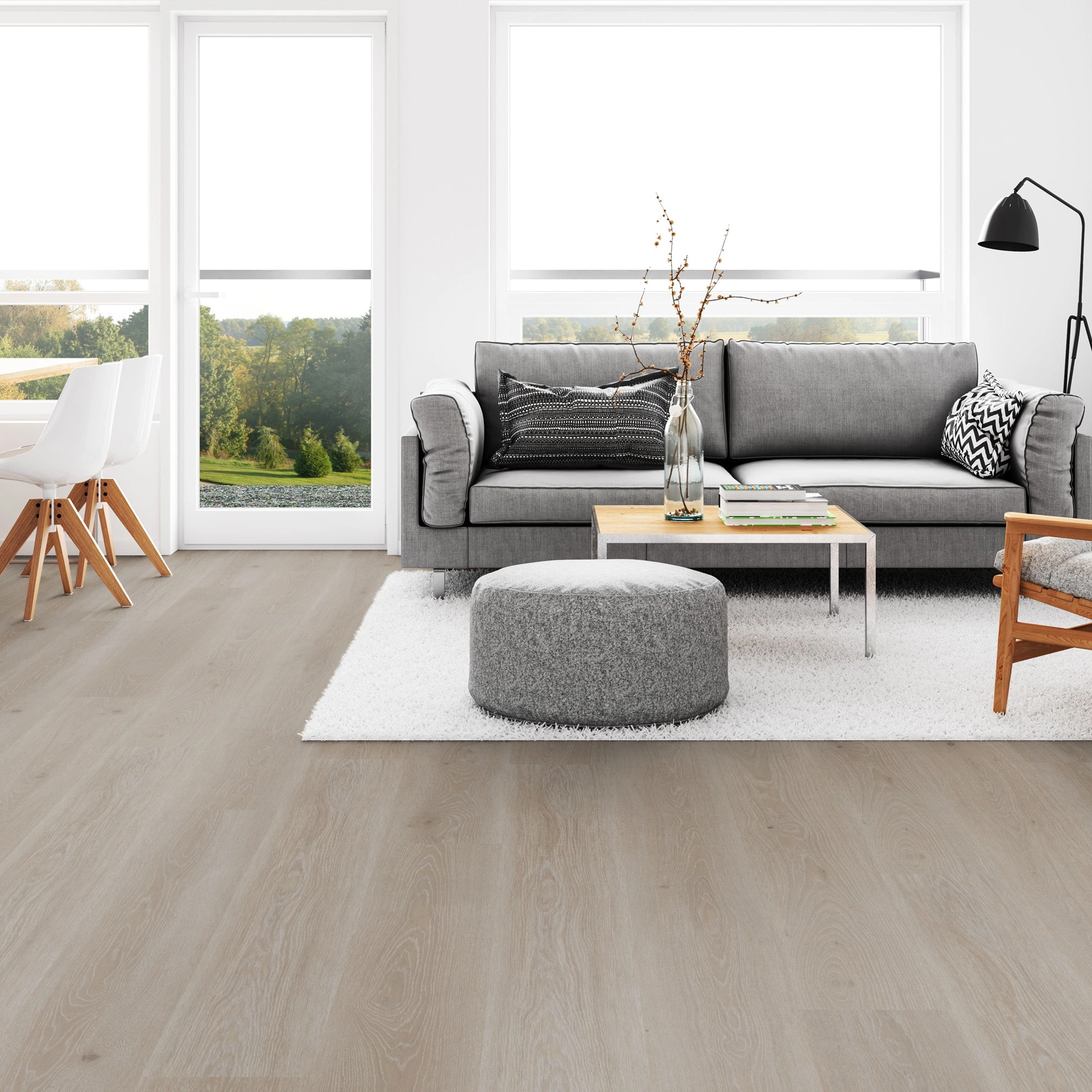 Milieubild Wohnzimmer mit Esszimmer - Tarkett Klebe-Vinyl Essence 55 Tribe Oak Grey Milieubild Wohnzimmer mit Esszimmer - Tarkett 260053008