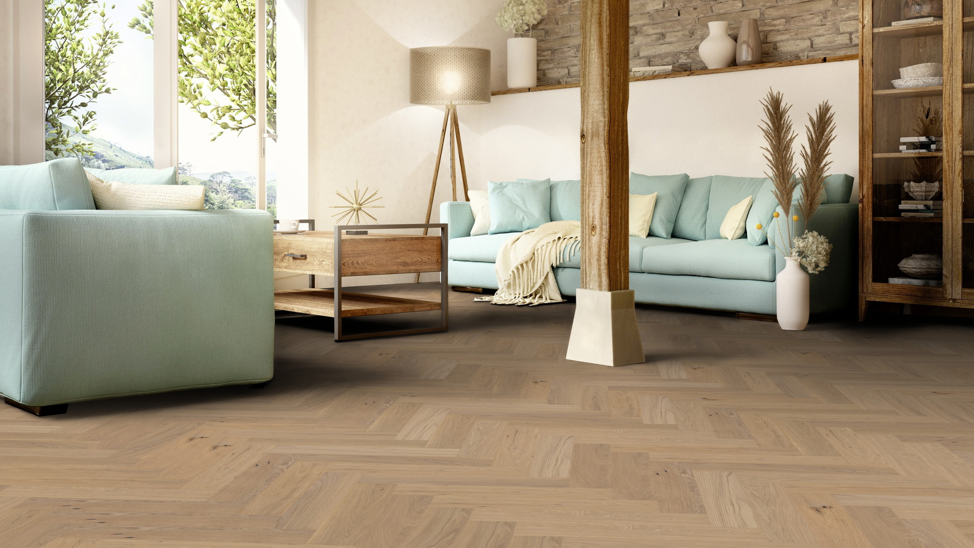 Milieubild Wohnzimmer im mediterranen Stil - Thede & Witte Parkett Maxistab Eiche Rohoptik Milieubild Wohnzimmer im mediterranen Stil - Thede & Witte 52MSÖNF15EI53