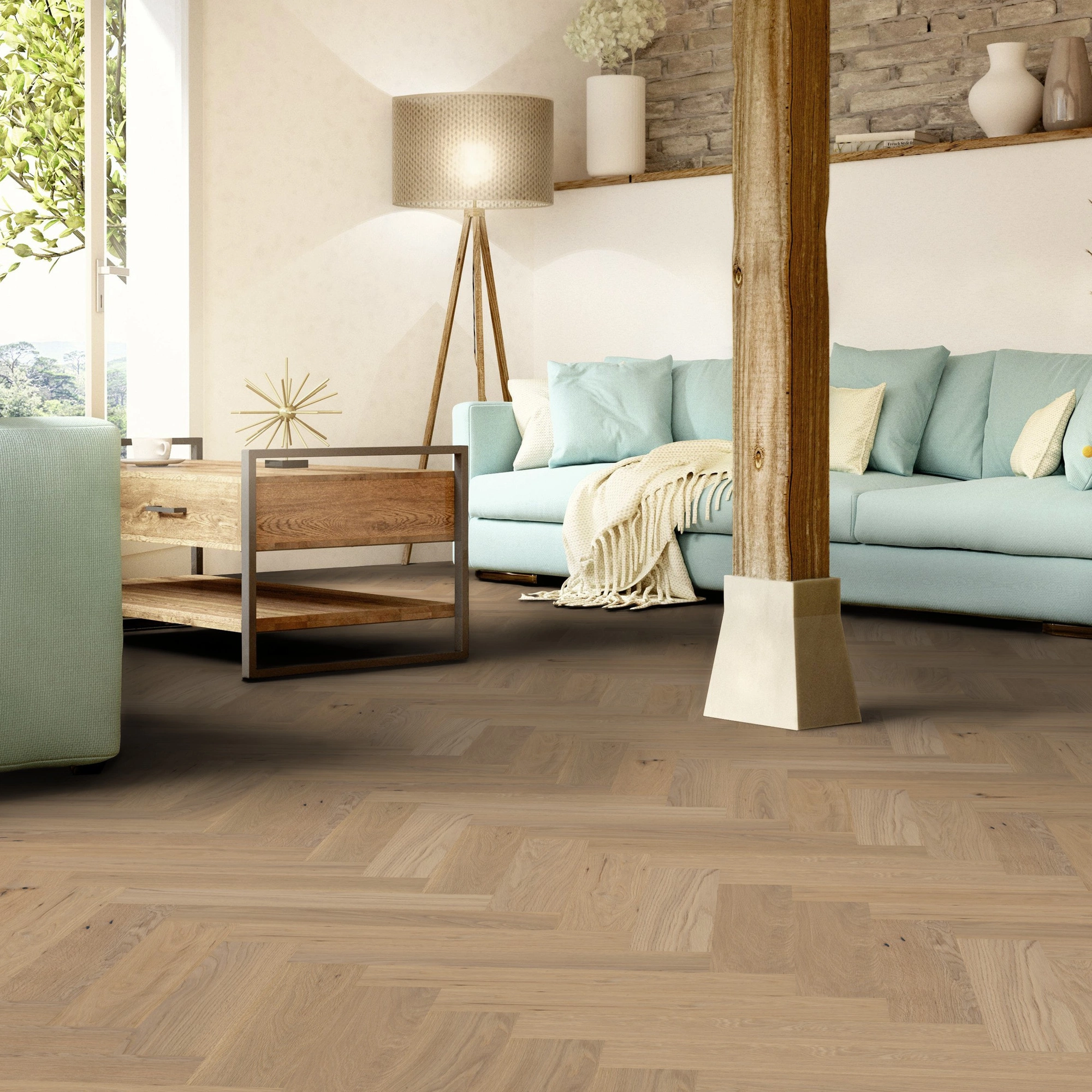 Milieubild Wohnzimmer im mediterranen Stil - Thede & Witte Parkett Maxistab Eiche Rohoptik Milieubild Wohnzimmer im mediterranen Stil - Thede & Witte 52MSÖNF15EI53