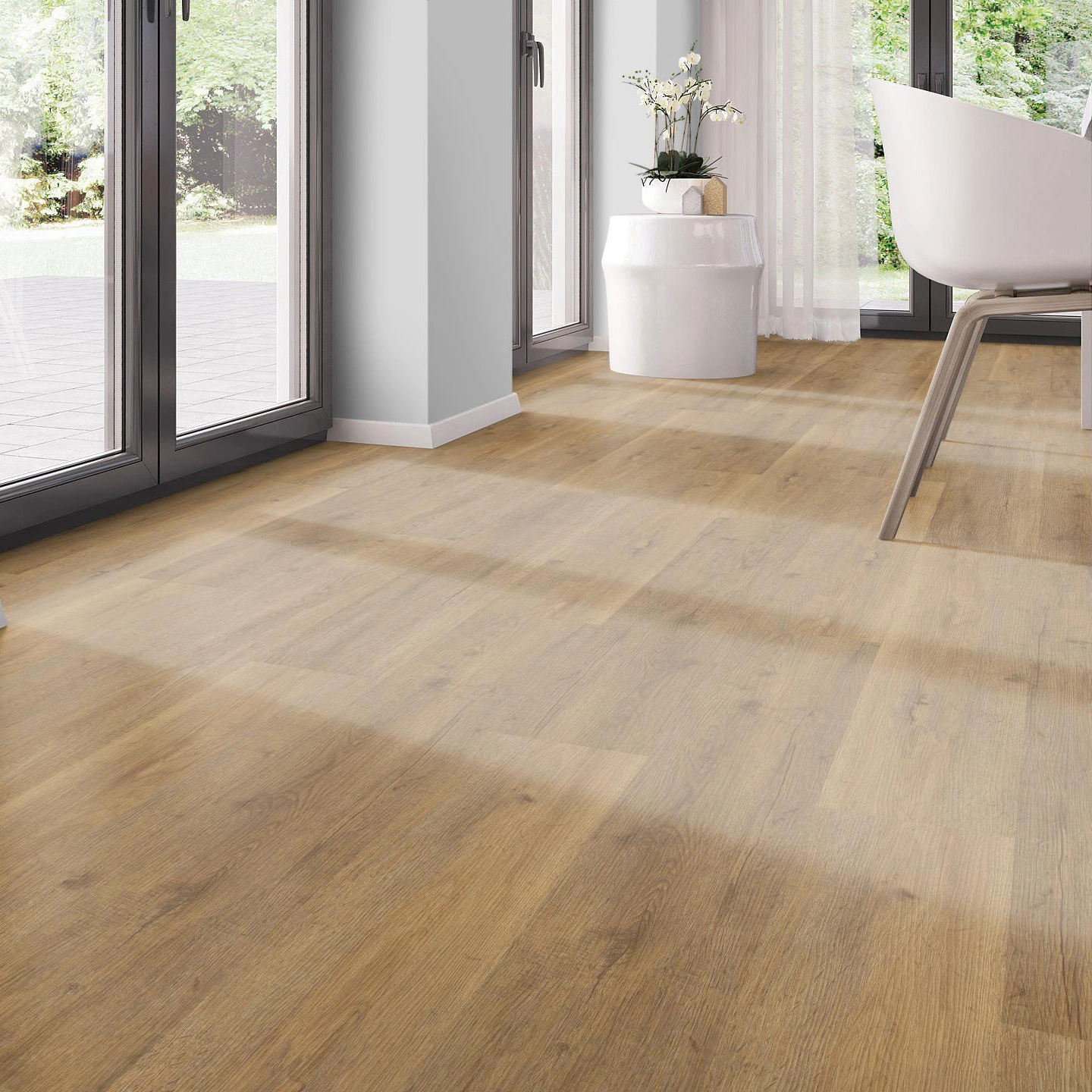 Milieubild Modernes Esszimmer - bodentiefe Perspektive - nexflor Rigid Klick-Vinyl Apollo Click Collection Delphi Oak Milieubild Modernes Esszimmer - bodentiefe Perspektive - nexflor NXF-60030-002