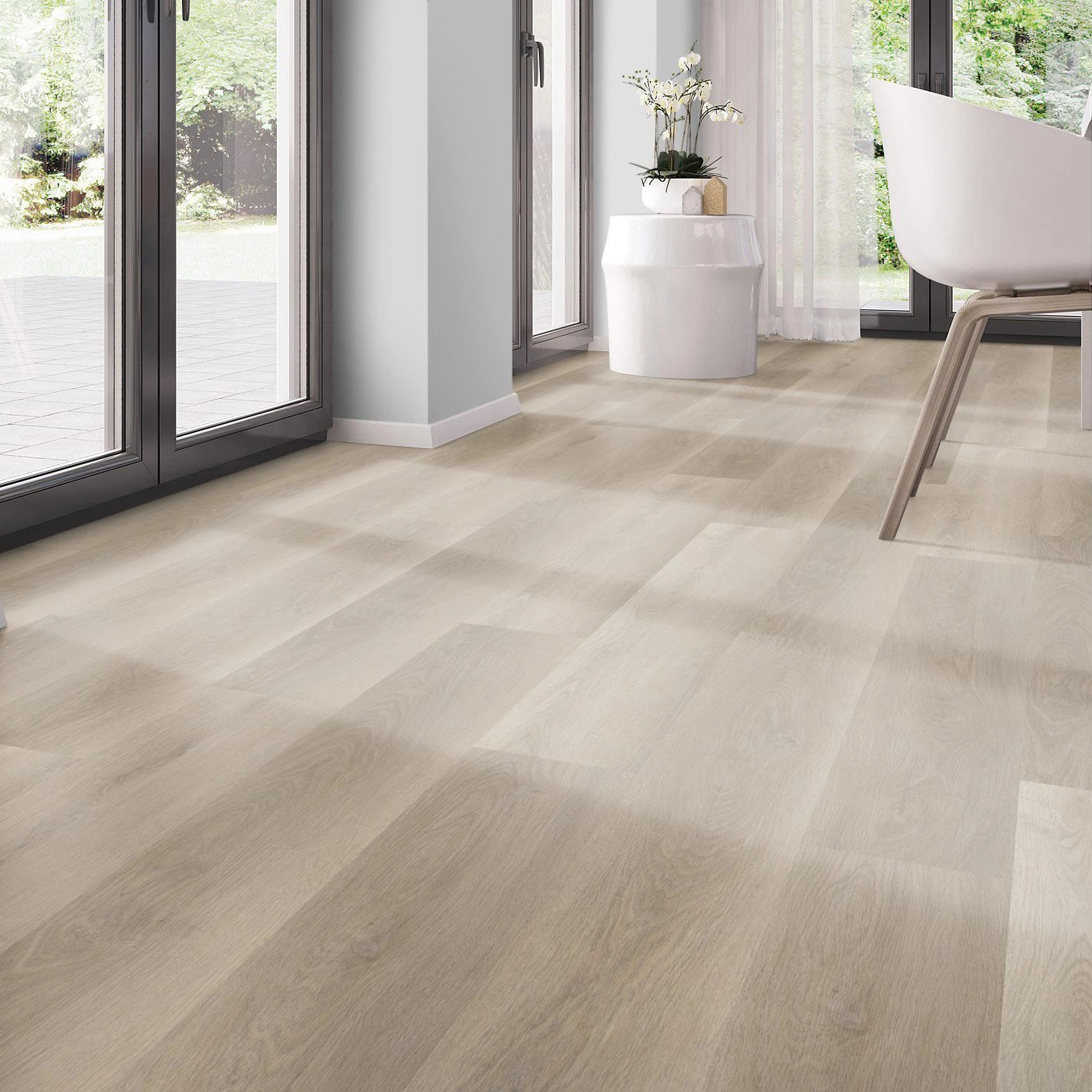 Milieubild Modernes Esszimmer - bodentiefe Perspektive - nexflor Rigid Klick-Vinyl Apollo Click Collection Aegina Oak Milieubild Modernes Esszimmer - bodentiefe Perspektive - nexflor NXF-60030-016