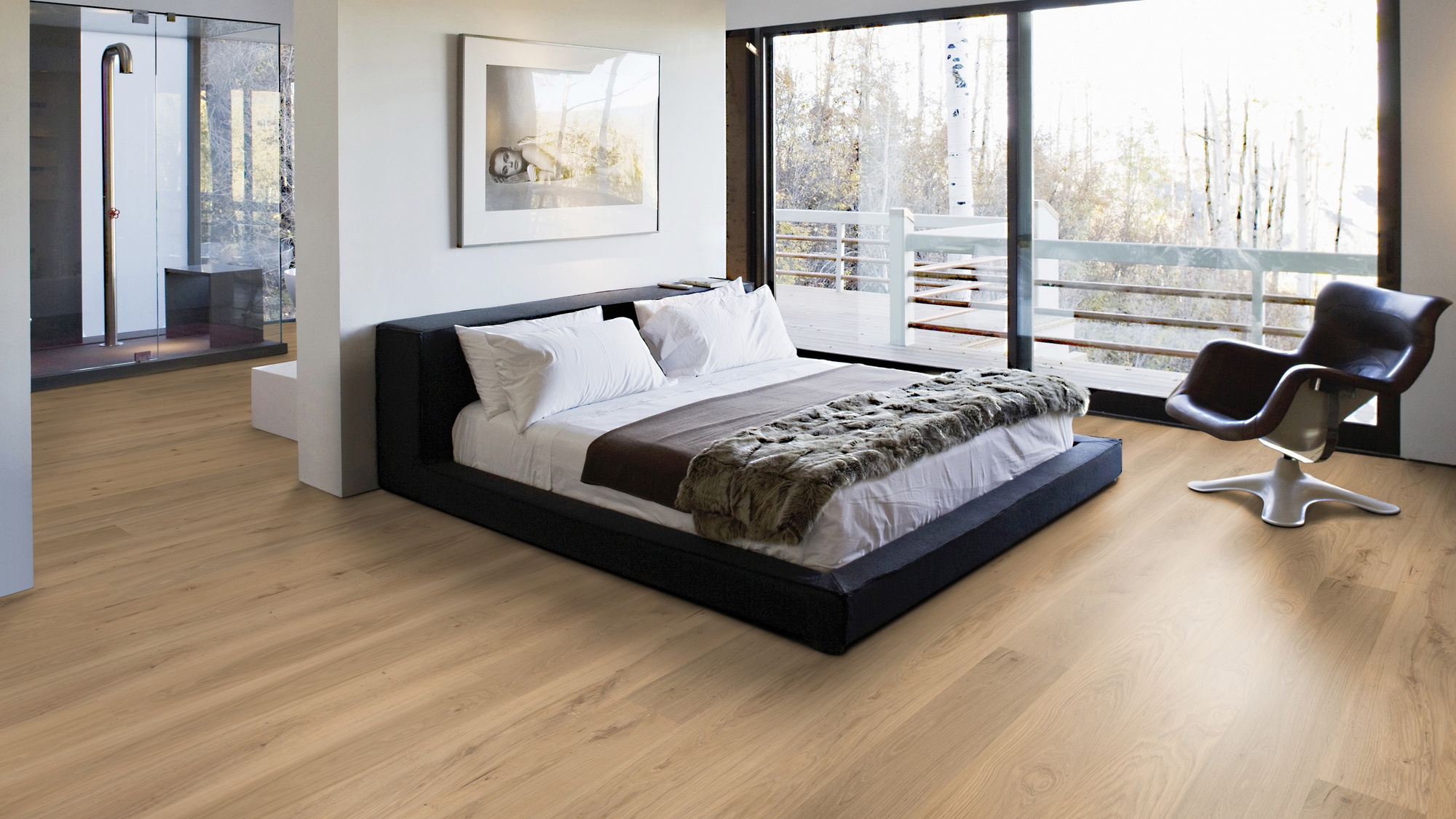Milieubild Schlafzimmer mit Balkon - Wicanders Wise HDF Klick-Designboden wood Natural XL Natural Oak Almond Milieubild Schlafzimmer mit Balkon - Wicanders Wise 80003666