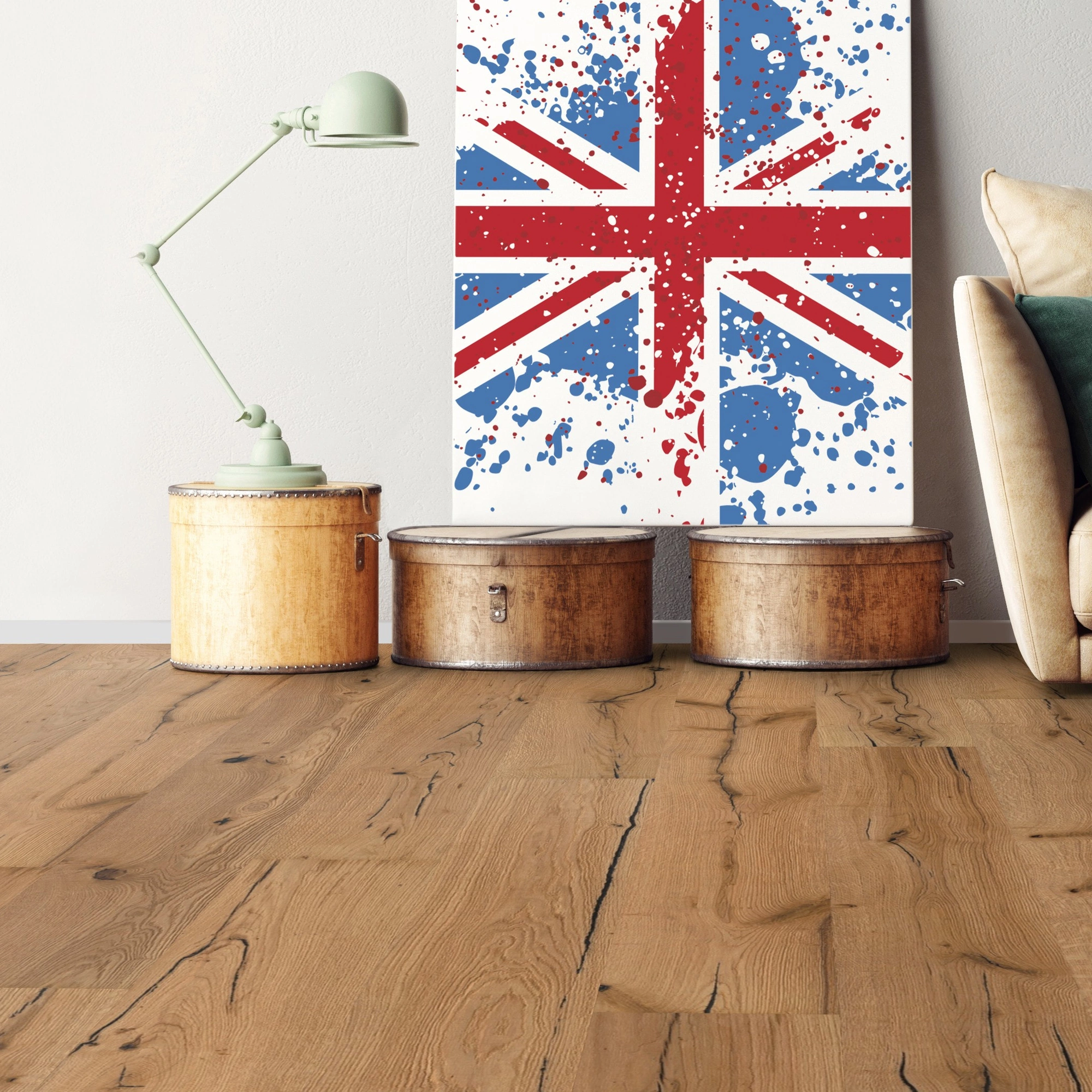 Milieubild Wohnzimmer mit Sofa - bodentiefe Perspektive - Bennett & Jones Parkett Britain's Finest Oak No.110 Keele Milieubild Wohnzimmer mit Sofa - bodentiefe Perspektive - Bennett & Jones 1148010110
