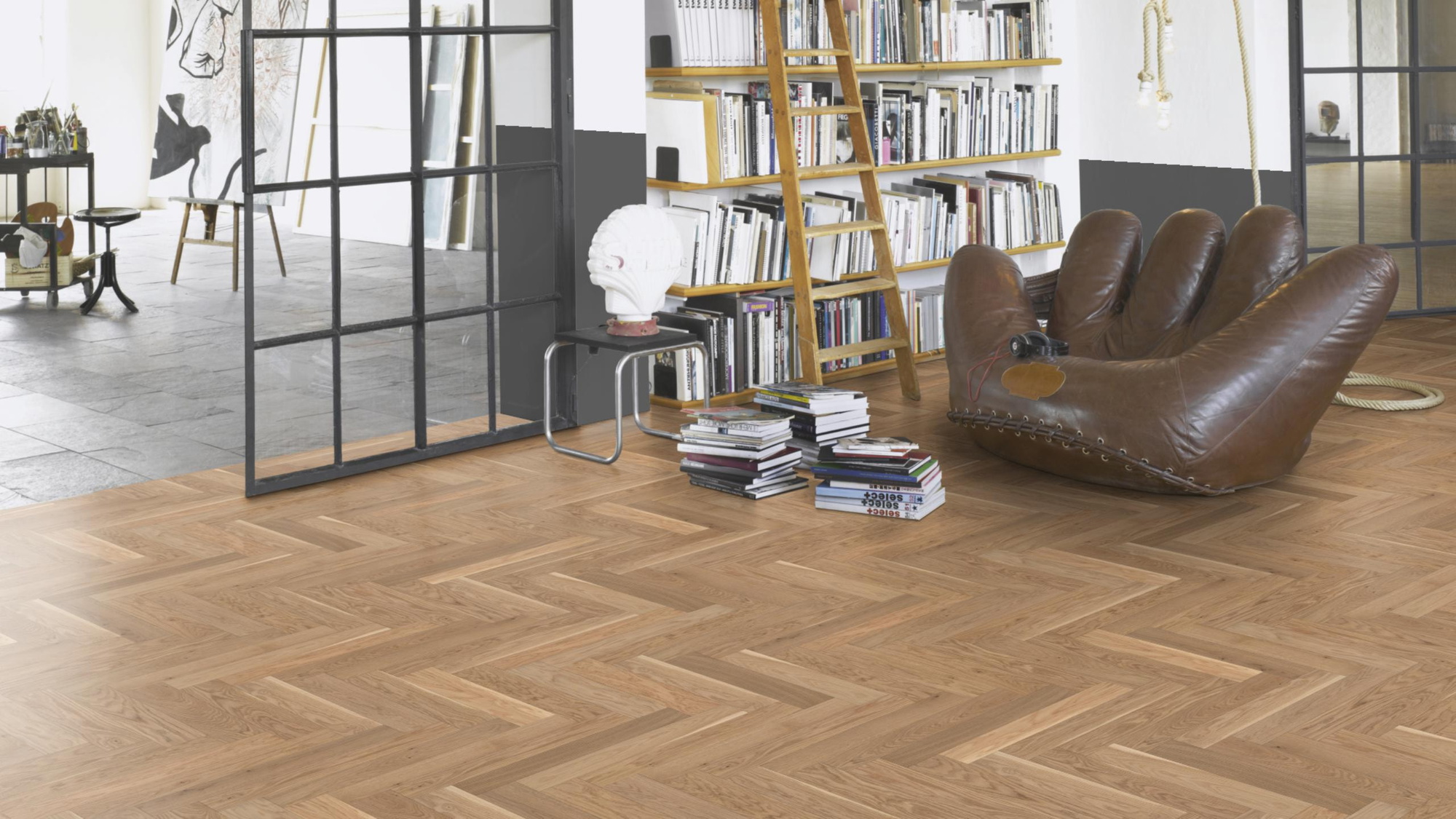 Milieubild Modernes Wohnzimmer mit Atelier - Parador Parkett Trendtime 3 Eiche cream Milieubild Modernes Wohnzimmer mit Atelier - Parador 1739932