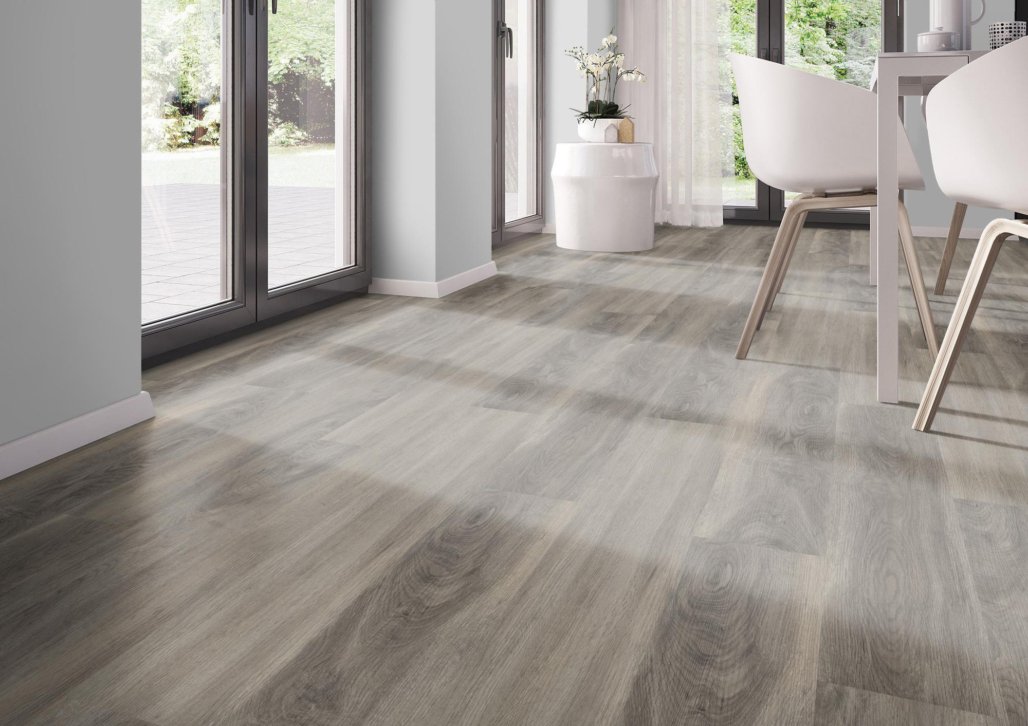 Milieubild Modernes Esszimmer - bodentiefe Perspektive - nexflor Rigid Klick-Vinyl Apollo Click Collection Delos Oak Milieubild Modernes Esszimmer - bodentiefe Perspektive - nexflor NXF-60030-007