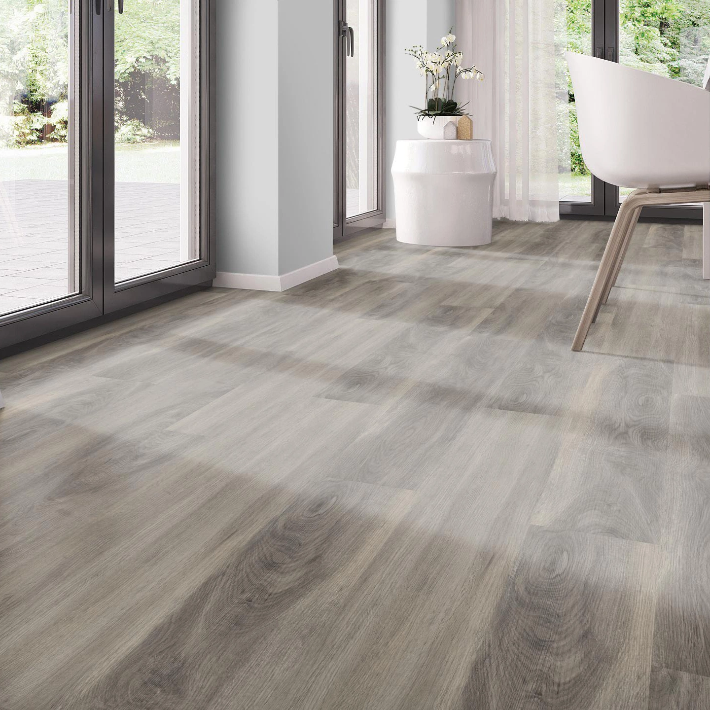 Milieubild Modernes Esszimmer - bodentiefe Perspektive - nexflor Rigid Klick-Vinyl Apollo Click Collection Delos Oak Milieubild Modernes Esszimmer - bodentiefe Perspektive - nexflor NXF-60030-007