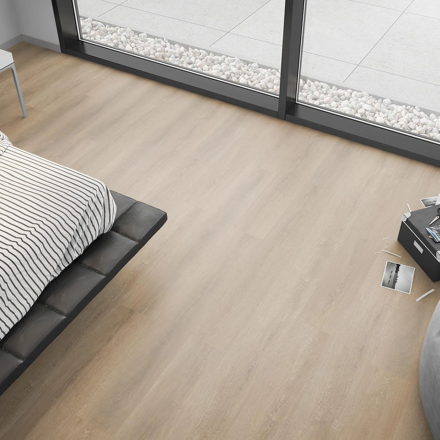 Milieubild Schlafzimmer mit Sitzkissen - nexflor Rigid Klick-Vinyl Apollo Click Collection Kefalonia Oak Milieubild Schlafzimmer mit Sitzkissen - nexflor NXF-60030-014