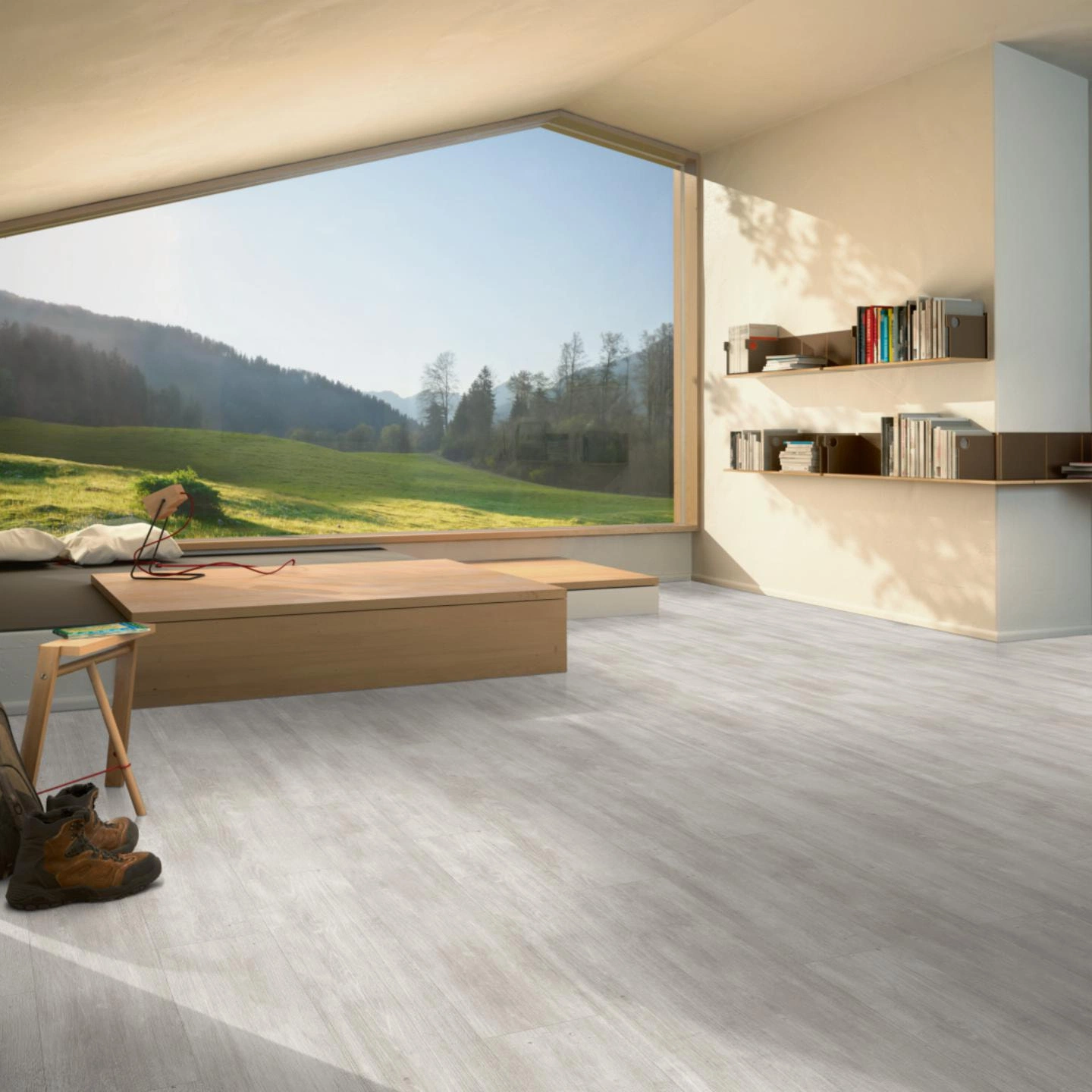 Milieubild Moderne Hütte mit Blick in die Natur - Parador HDF Klick-Designboden Modular ONE Eiche Nordic grau Milieubild Moderne Hütte mit Blick in die Natur - Parador 1744548