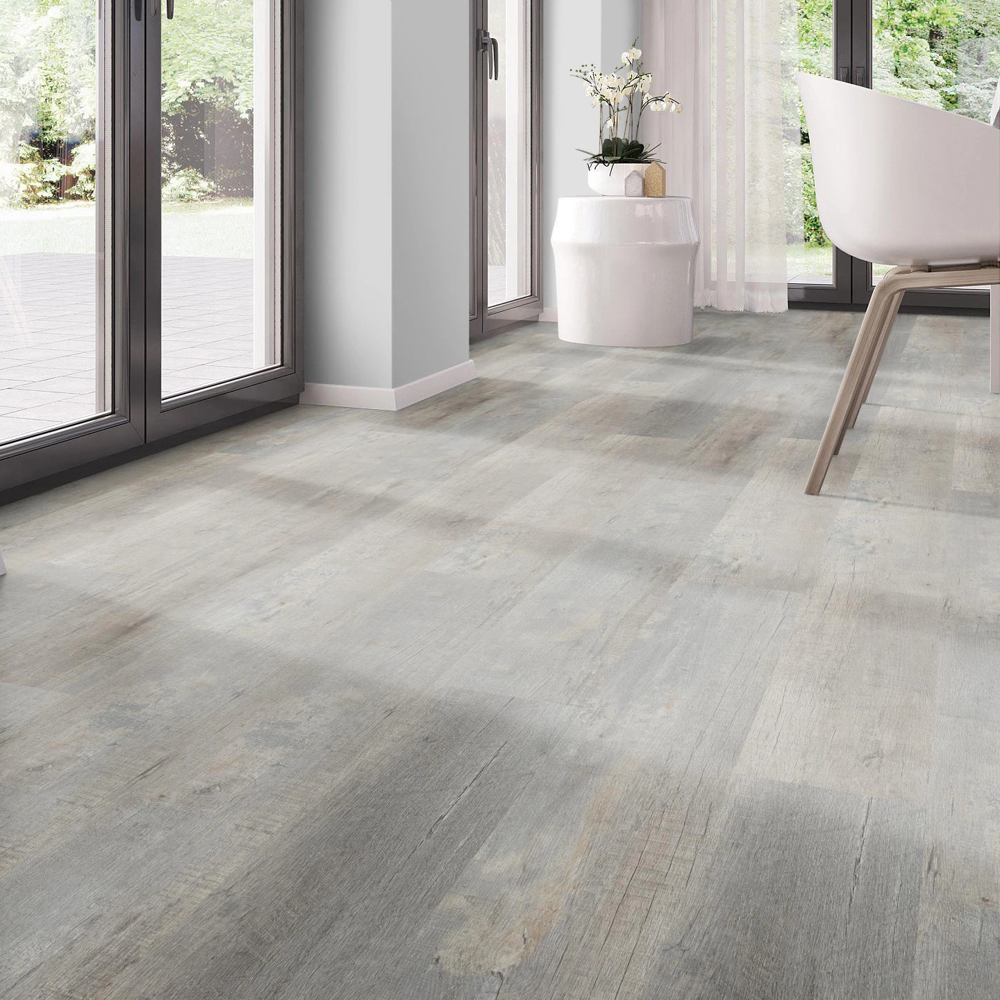 Milieubild Modernes Esszimmer - bodentiefe Perspektive - nexflor Rigid Klick-Vinyl Apollo Click Collection Argos Oak Milieubild Modernes Esszimmer - bodentiefe Perspektive - nexflor NXF-60030-011