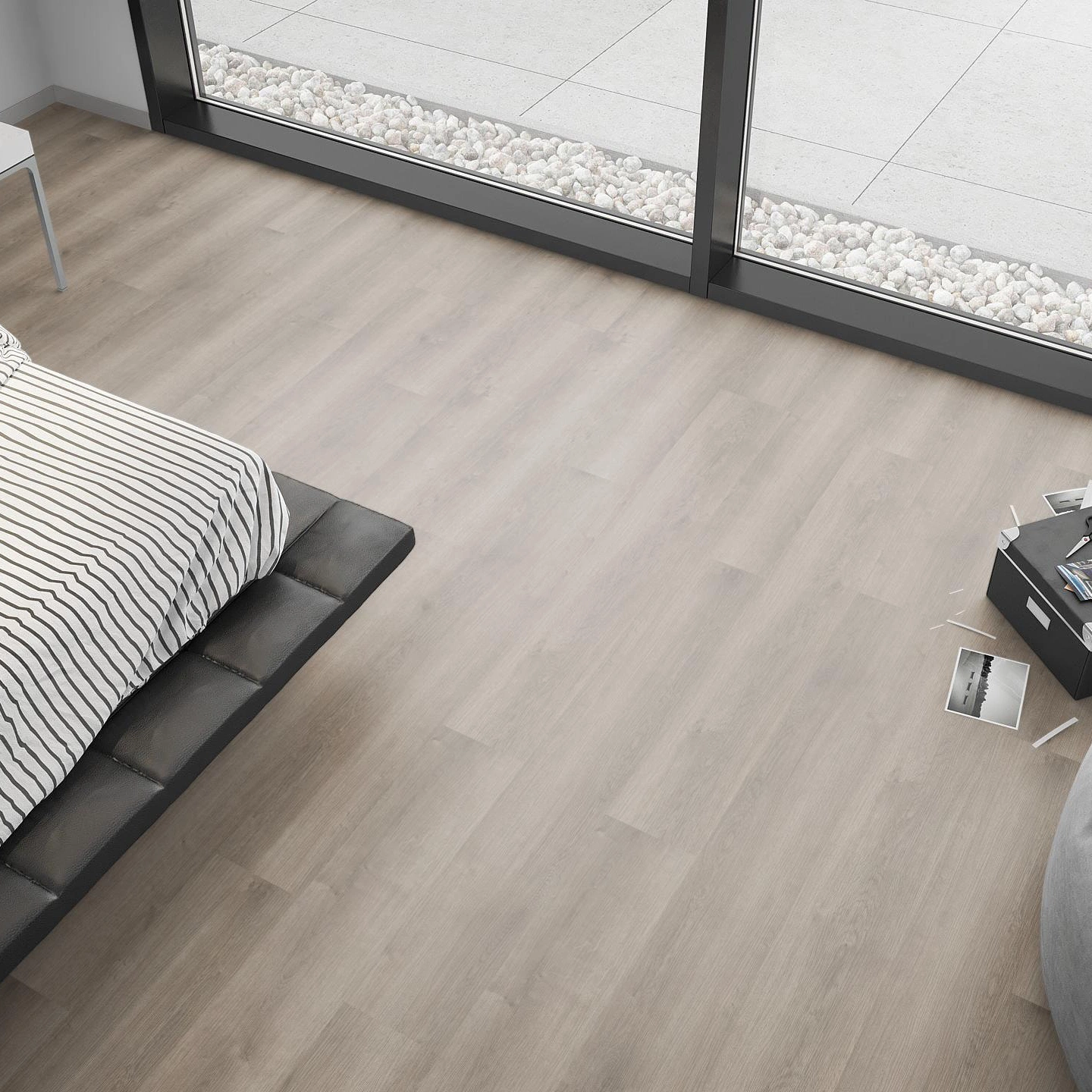 Milieubild Schlafzimmer mit Sitzkissen - nexflor Rigid Klick-Vinyl Apollo Click Collection Athens Oak Milieubild Schlafzimmer mit Sitzkissen - nexflor NXF-60030-001