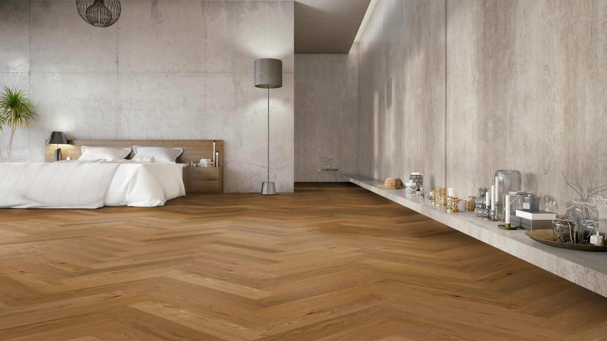Milieubild Großzügiges Schafzimmer mit Betonwänden - Thede & Witte Parkett Maxistab Eiche Milieubild Großzügiges Schafzimmer mit Betonwänden - Thede & Witte 52MSÖNF15EI50
