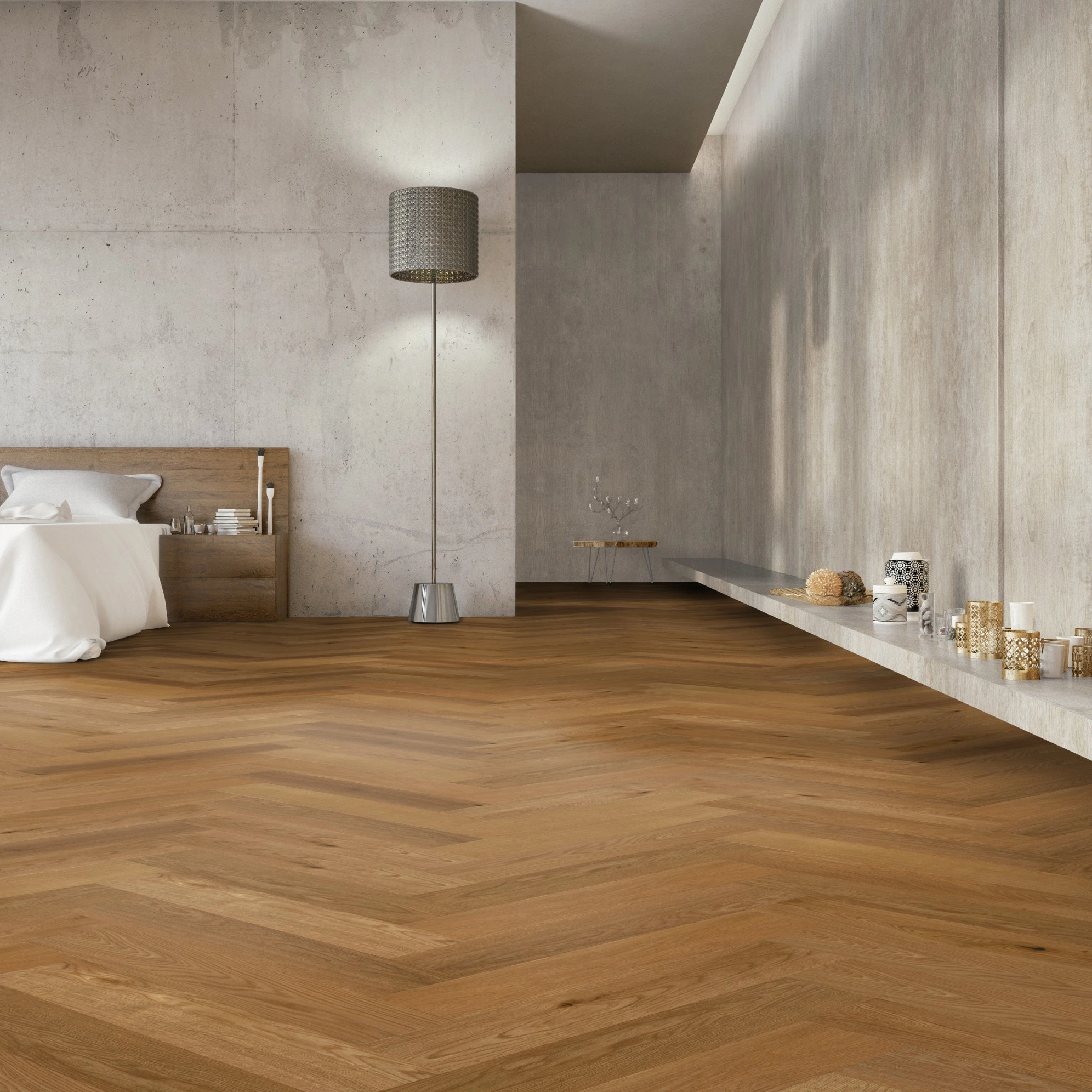 Milieubild Großzügiges Schafzimmer mit Betonwänden - Thede & Witte Parkett Maxistab Eiche Milieubild Großzügiges Schafzimmer mit Betonwänden - Thede & Witte 52MSÖNF15EI50