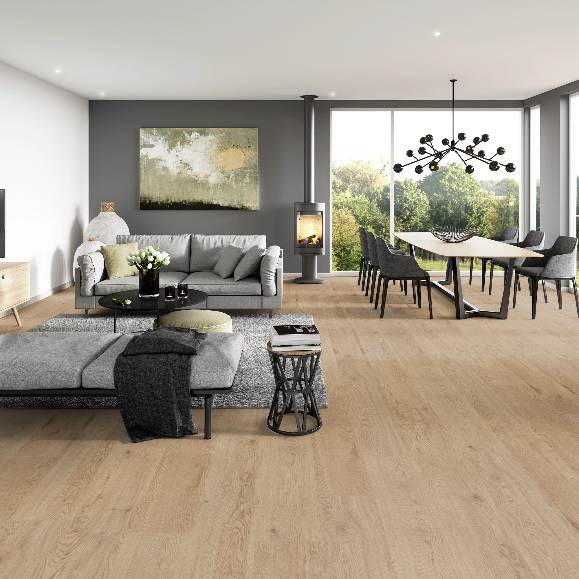 Milieubild Modernes Wohnzimmer mit Essbereich - ter Hürne Klebe-Vinyl Pro Grand Choice Eiche Dublin Milieubild Modernes Wohnzimmer mit Essbereich - ter Hürne 1101210402