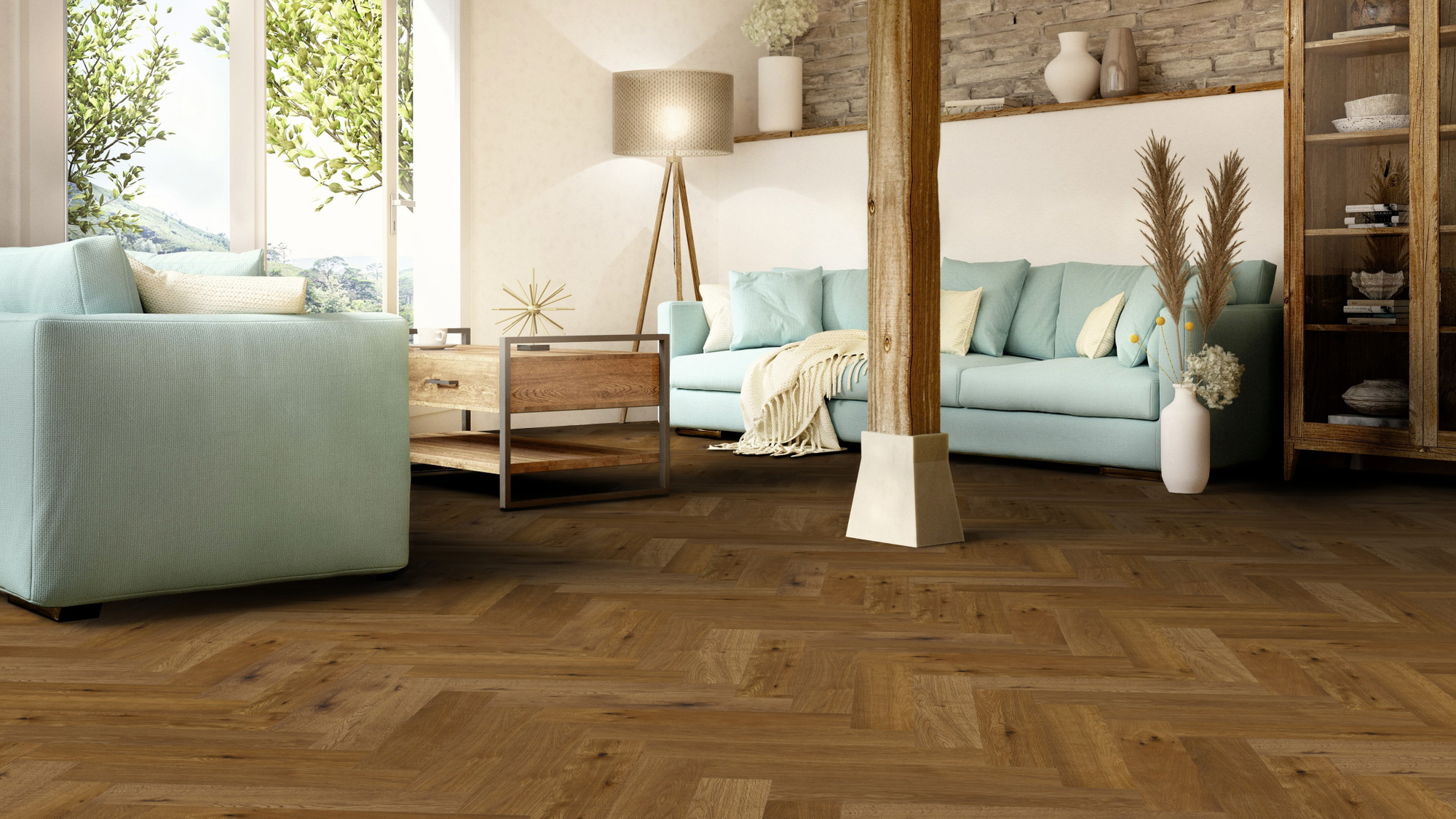 Milieubild Wohnzimmer im mediterranen Stil - Thede & Witte Parkett Maxistab Eiche geräuchert Milieubild Wohnzimmer im mediterranen Stil - Thede & Witte 52MSÖENF15EI65