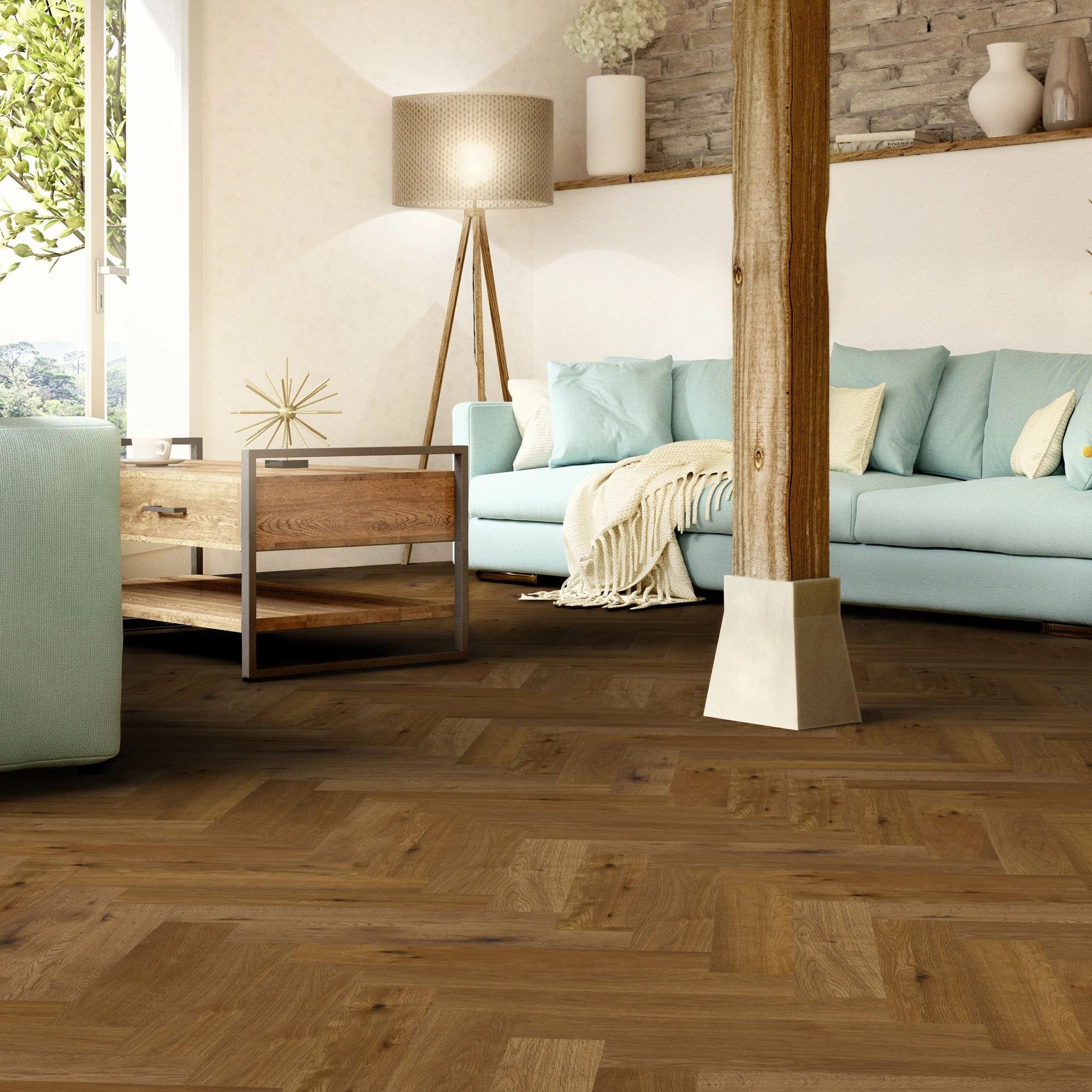 Milieubild Wohnzimmer im mediterranen Stil - Thede & Witte Parkett Maxistab Eiche geräuchert Milieubild Wohnzimmer im mediterranen Stil - Thede & Witte 52MSÖENF15EI65