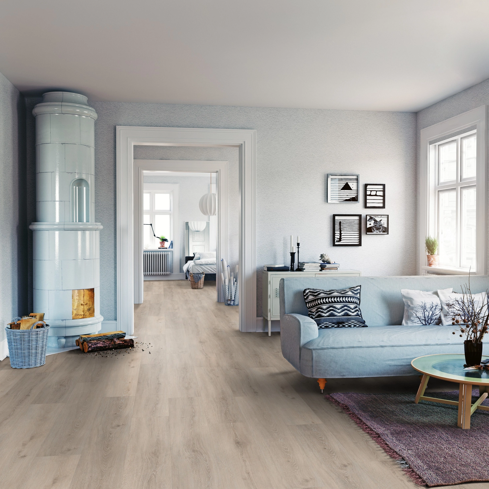 Milieubild Wohnzimmer mit Sofa und Kachelofen - ter Hürne Klebe-Vinyl Pro Classic Edition Eiche Brügge Milieubild Wohnzimmer mit Sofa und Kachelofen - ter Hürne 1101210428