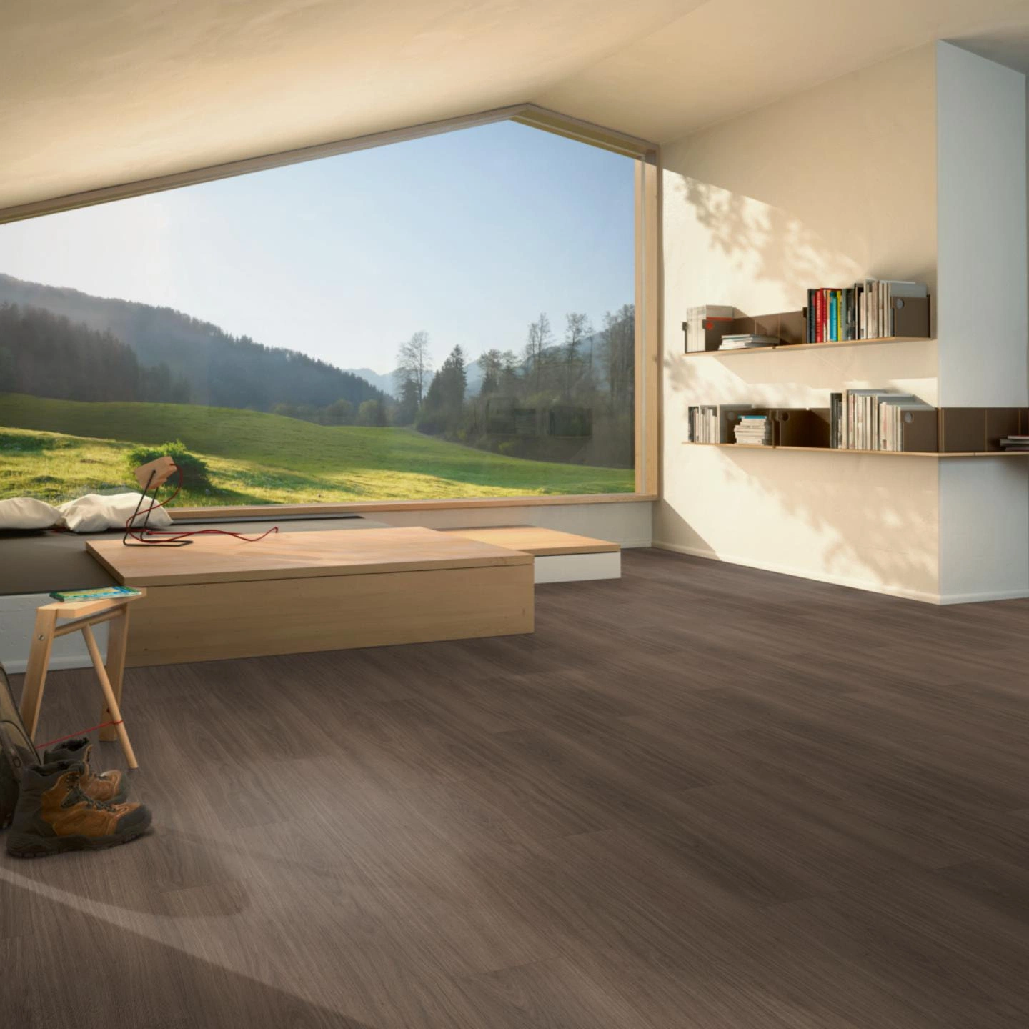 Milieubild Moderne Hütte mit Blick in die Natur - Parador HDF Klick-Designboden Modular ONE Eiche Artemis kaffeebraun Milieubild Moderne Hütte mit Blick in die Natur - Parador 1748719