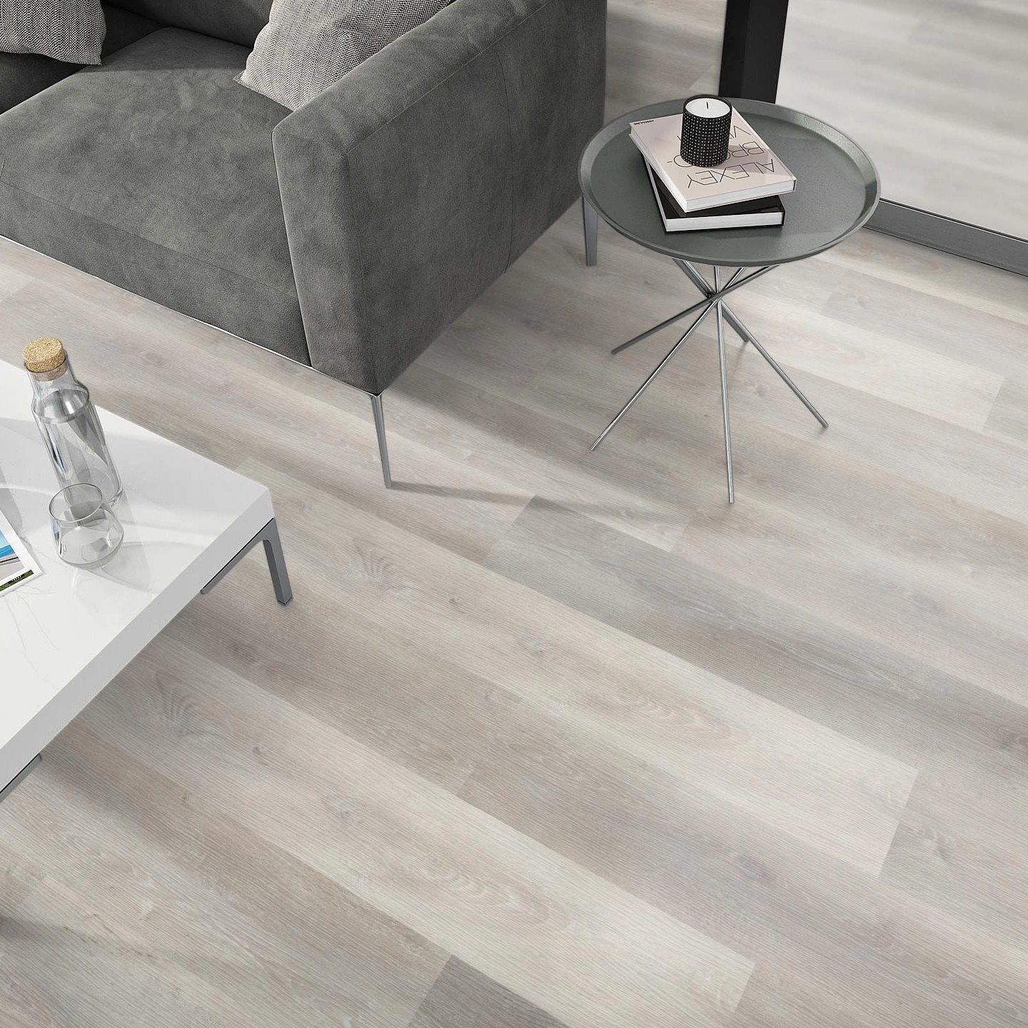 Milieubild Wohnzimmer - Sofa mit Beistelltisch und Glastür - nexflor Rigid Klick-Vinyl Apollo Click Collection Ephesus Oak Milieubild Wohnzimmer - Sofa mit Beistelltisch und Glastür - nexflor NXF-60030-009