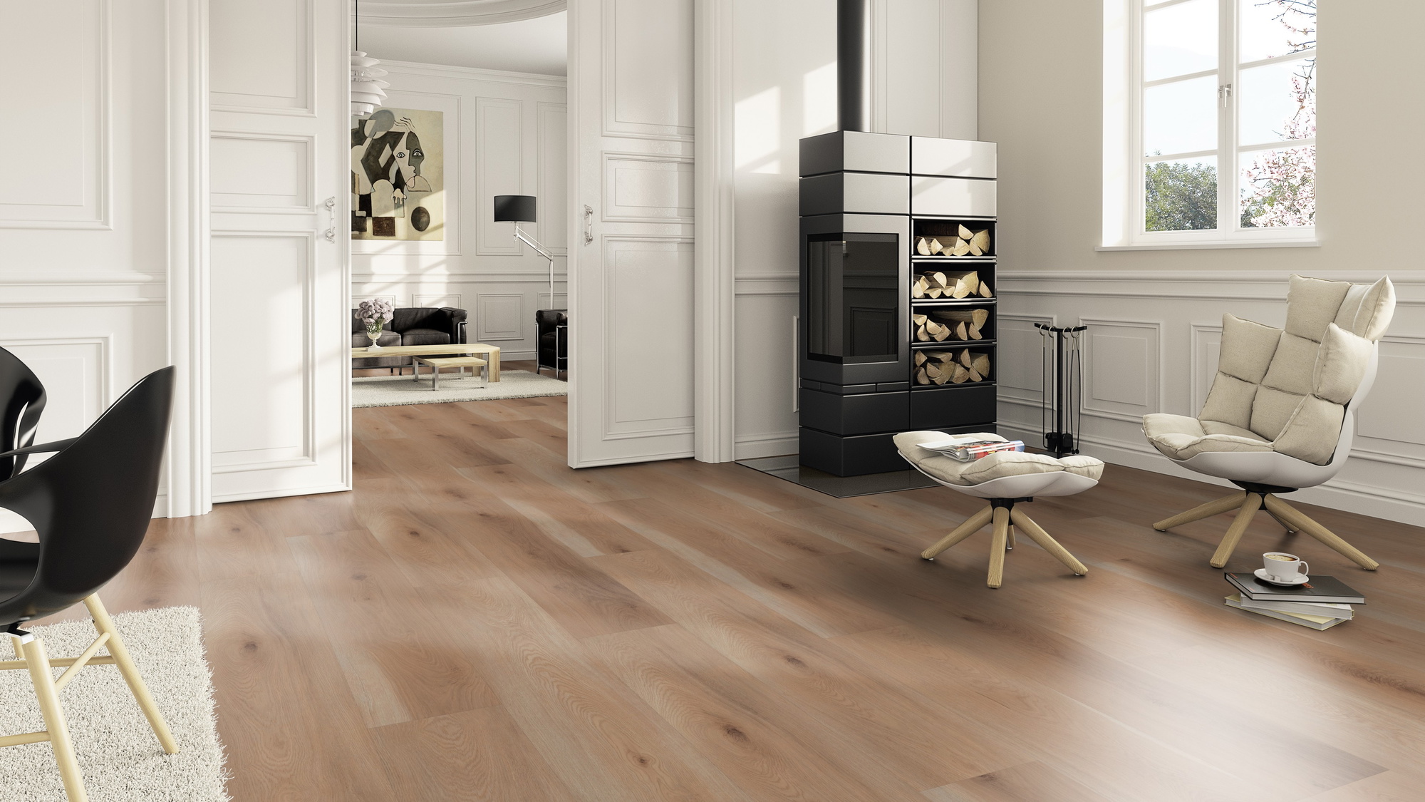 Milieubild Wohnzimmer im Landhaus-Stil mit Kamin - ter Hürne Klebe-Vinyl Pro Classic Edition Eiche Sevilla Milieubild Wohnzimmer im Landhaus-Stil mit Kamin - ter Hürne 1101210430