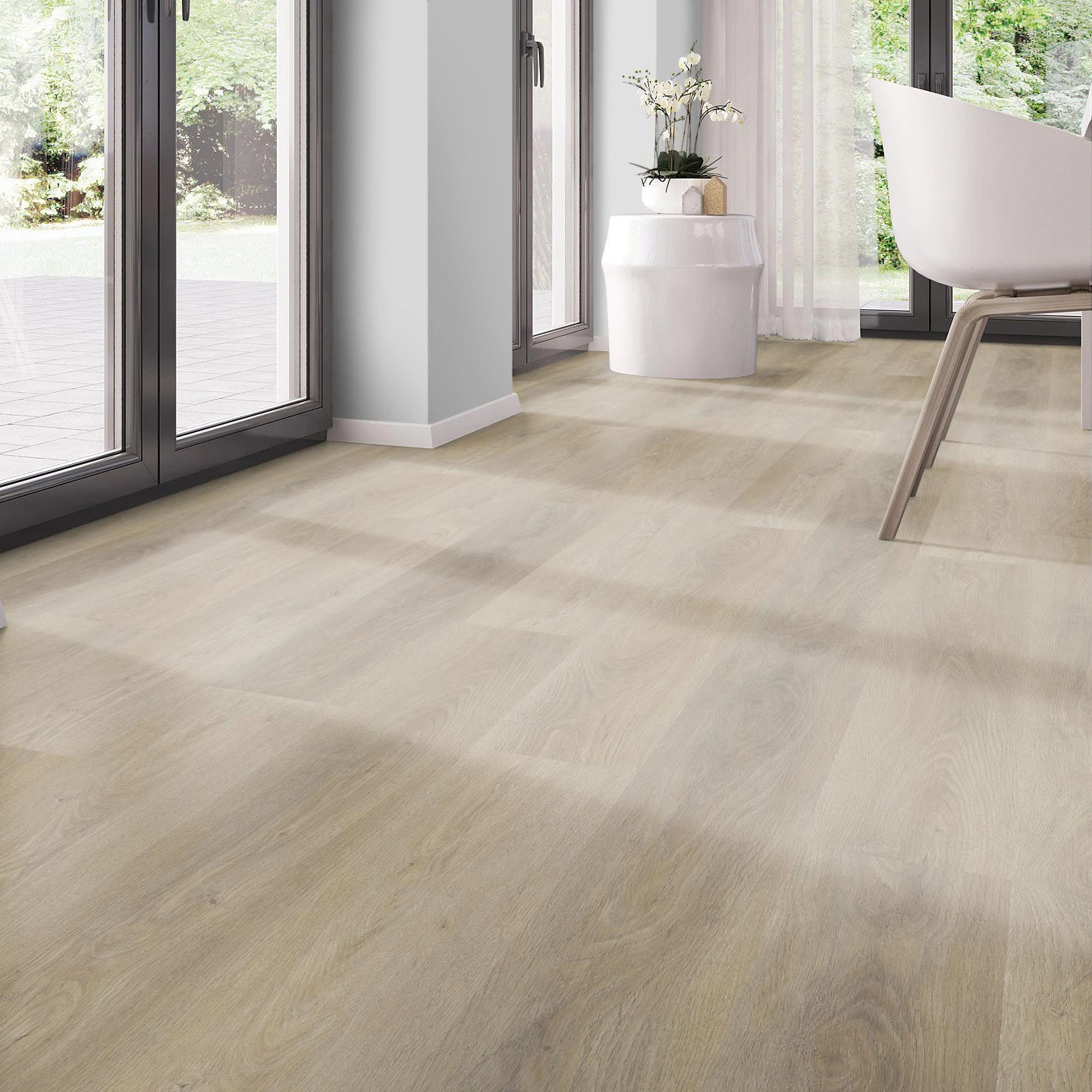 Milieubild Modernes Esszimmer - bodentiefe Perspektive - nexflor Rigid Klick-Vinyl Apollo Click Collection Crete Oak Milieubild Modernes Esszimmer - bodentiefe Perspektive - nexflor NXF-60030-017