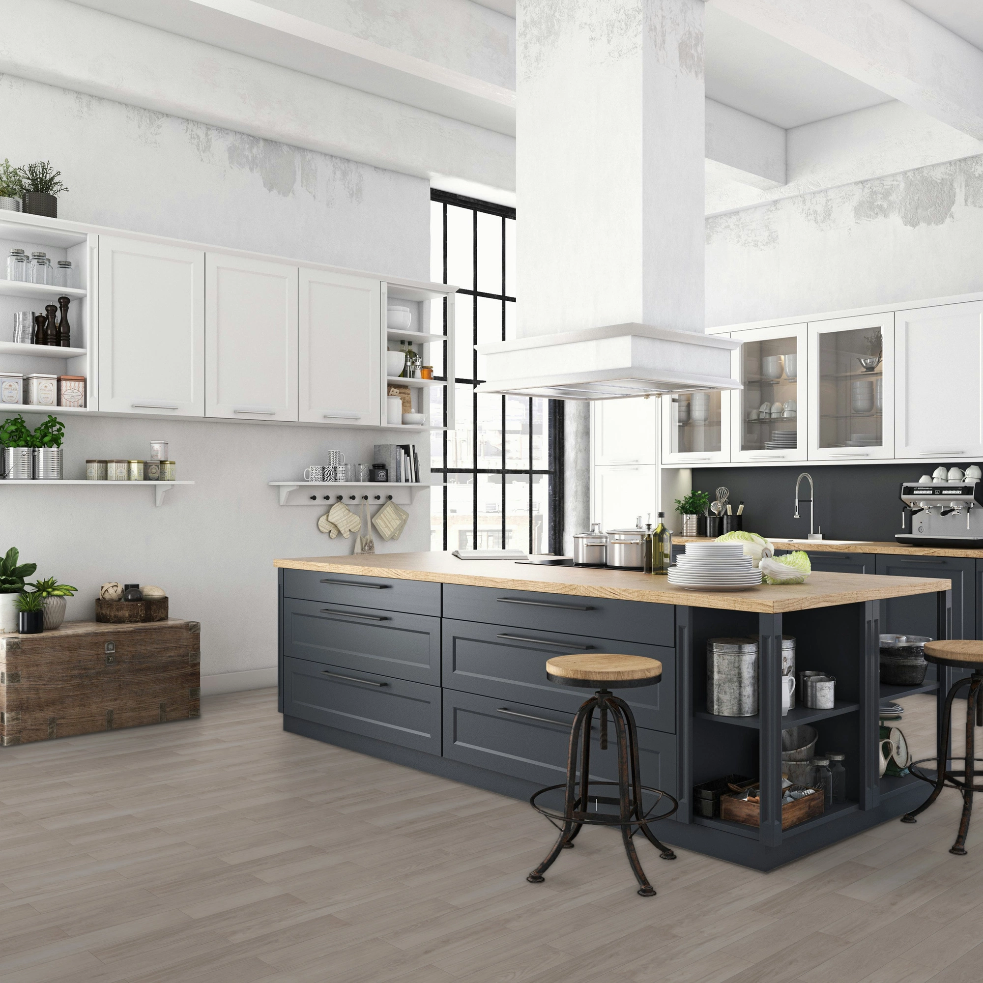 Milieubild Küche mit Küchenblock im englischen Stil - BerryAlloc Klebe-Vinyl Zenn Gluedown 55 Herringbone Oslo Milieubild Küche mit Küchenblock im englischen Stil - BerryAlloc 60002265