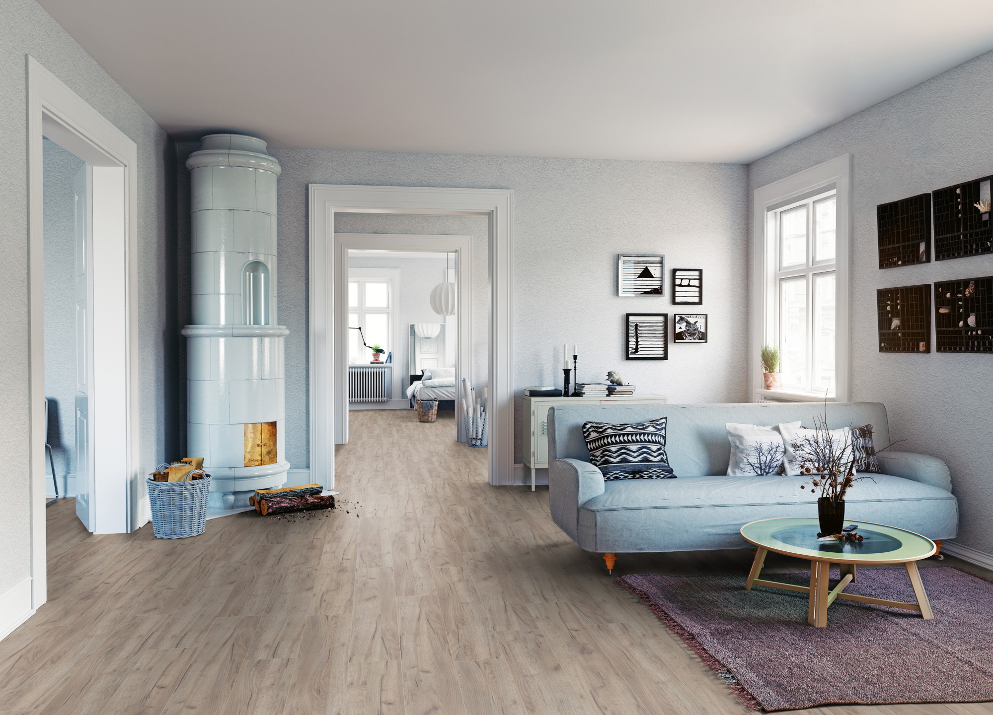 Milieubild Wohnzimmer mit Sofa und Kachelofen - ter Hürne Klick-Designboden Dureco Strong Classic Edition Eiche Tahiti Milieubild Wohnzimmer mit Sofa und Kachelofen - ter Hürne 1101260048