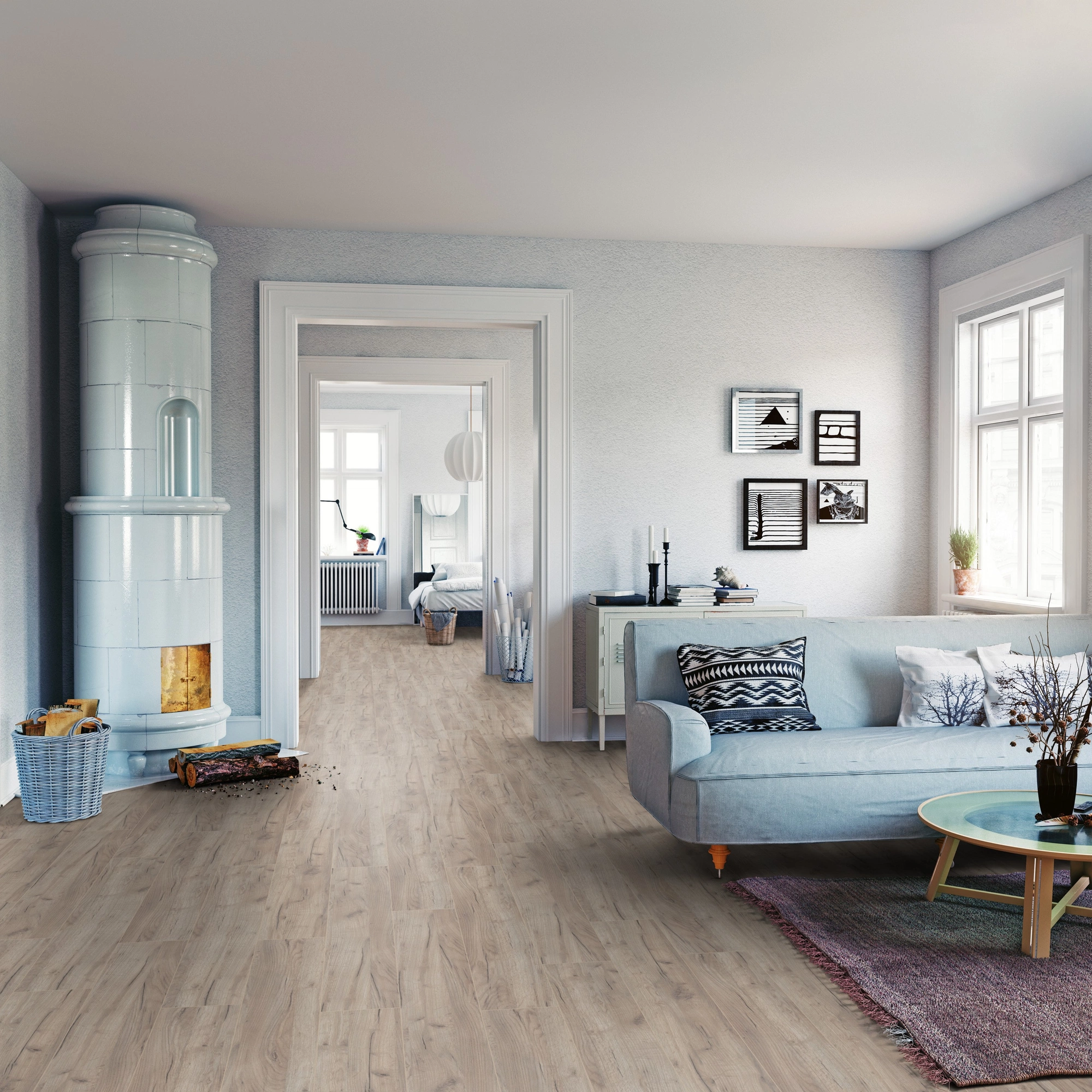 Milieubild Wohnzimmer mit Sofa und Kachelofen - ter Hürne Klick-Designboden Dureco Strong Classic Edition Eiche Tahiti Milieubild Wohnzimmer mit Sofa und Kachelofen - ter Hürne 1101260048