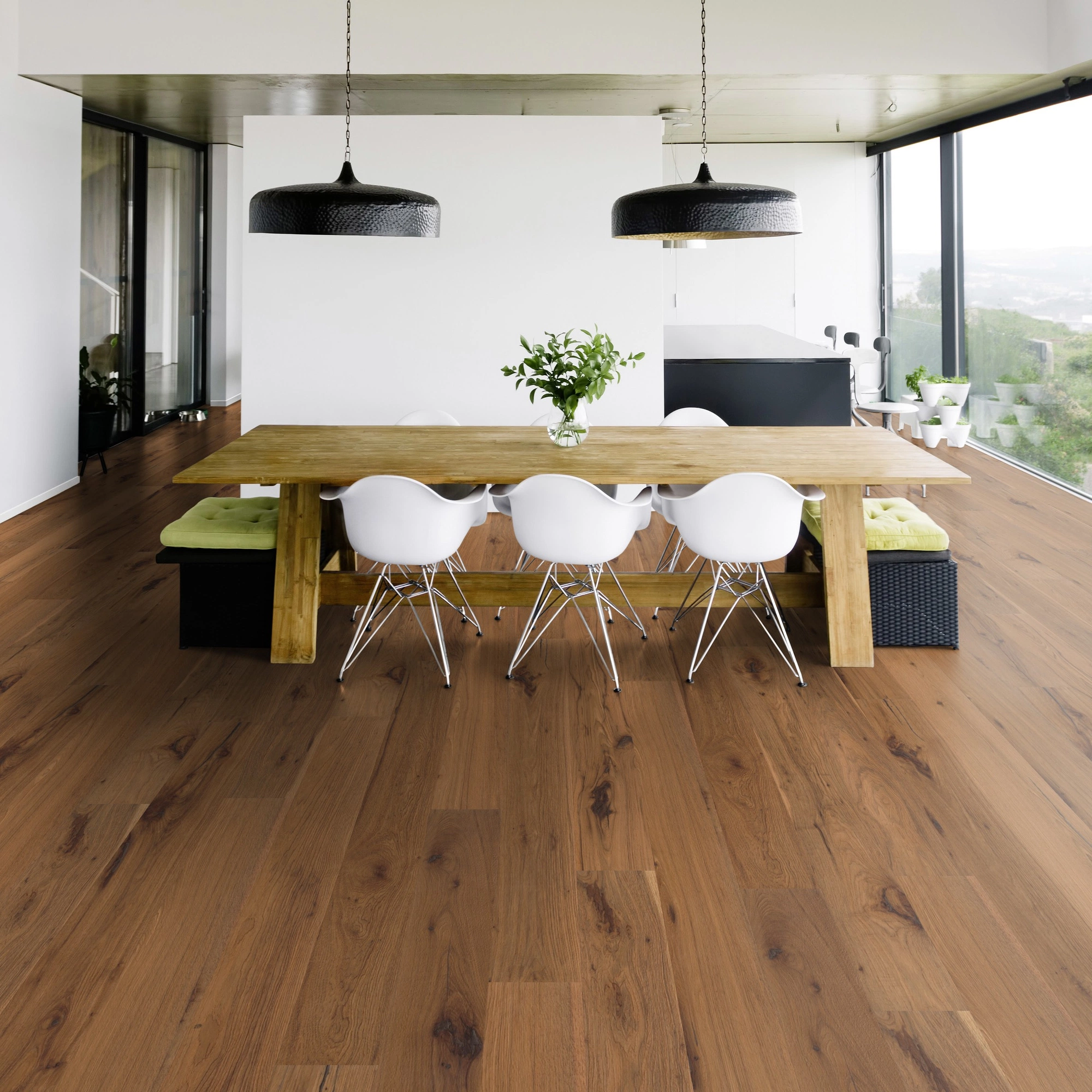 Milieubild Modernes Esszimmer mit Blick in die Natur - Bennett & Jones Parkett London Calling Hickory No.1 Smithfield Milieubild Modernes Esszimmer mit Blick in die Natur - Bennett & Jones 1148011203