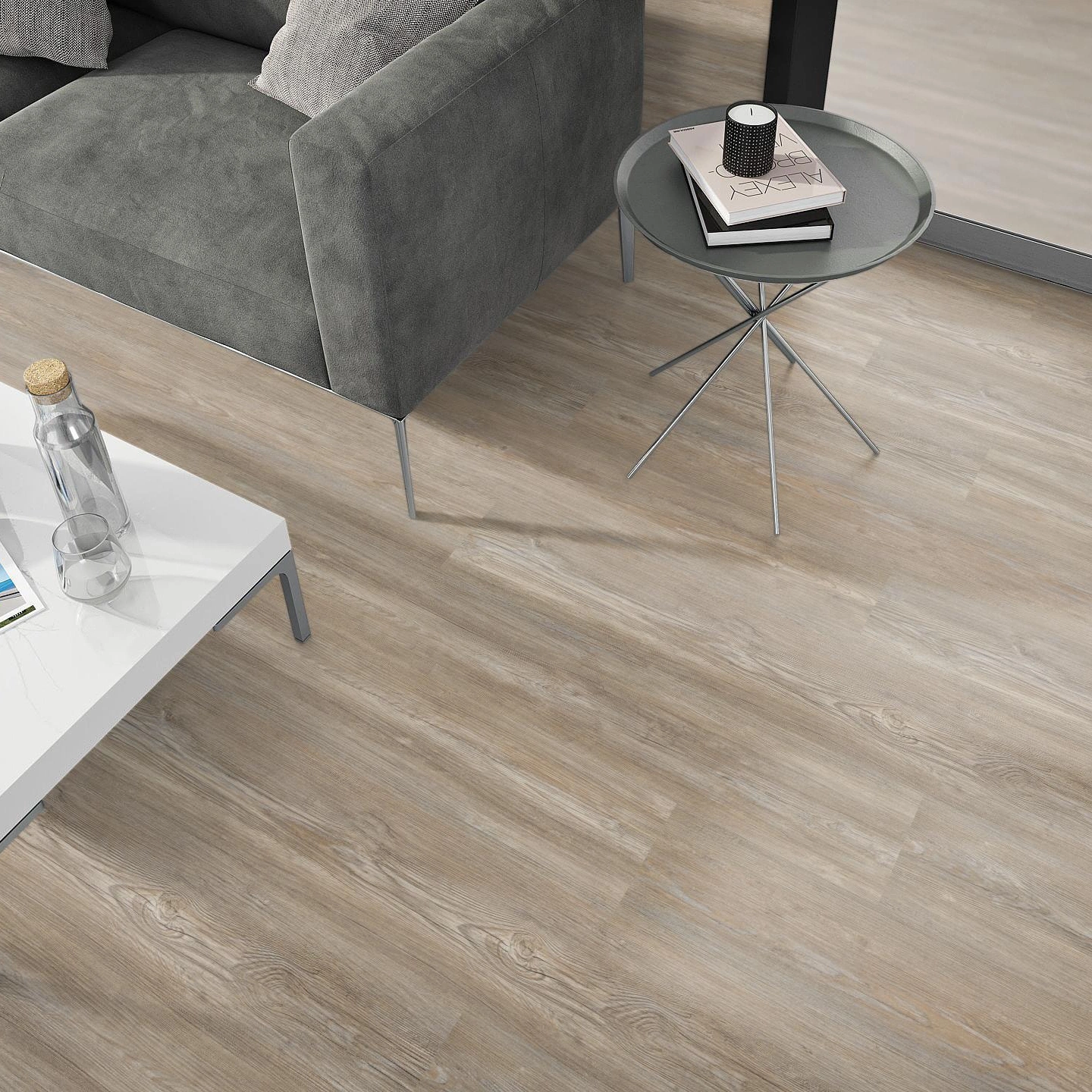 Milieubild Wohnzimmer - Sofa mit Beistelltisch und Glastür - nexflor Rigid Klick-Vinyl Apollo Click Collection Olympia Oak Milieubild Wohnzimmer - Sofa mit Beistelltisch und Glastür - nexflor NXF-60030-005