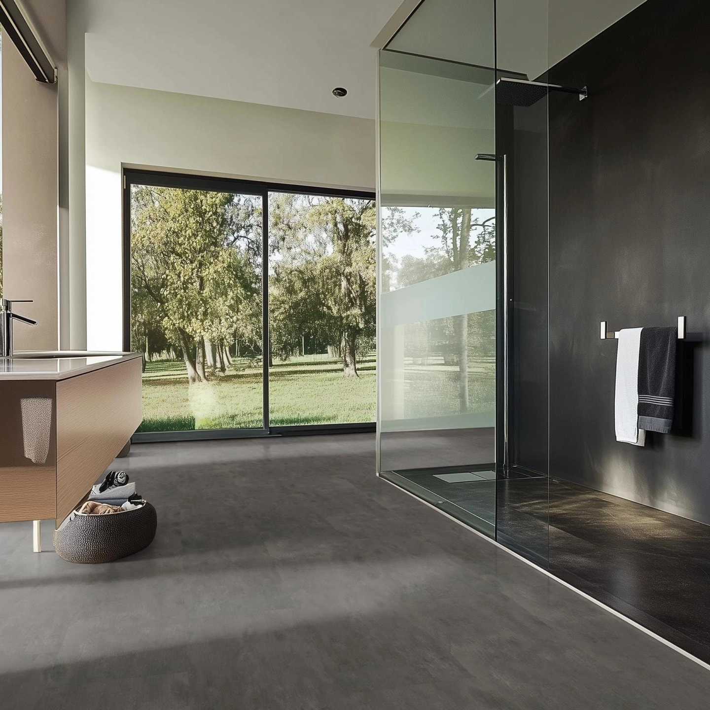 Milieubild Modernes Badezimmer mit bodentiefer Dusche - nexflor Klebe-Vinyl Oreios Collection Athos Milieubild Modernes Badezimmer mit bodentiefer Dusche - nexflor NXF-51030-002