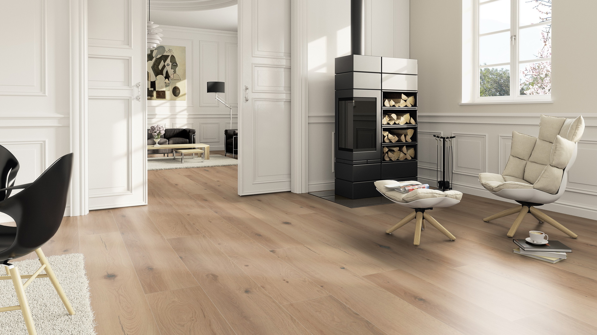 Milieubild Wohnzimmer im Landhaus-Stil mit Kamin - ter Hürne HDF Klick-Designboden Dureco Silent Grand Edition Eiche Palau Milieubild Wohnzimmer im Landhaus-Stil mit Kamin - ter Hürne 1101330008