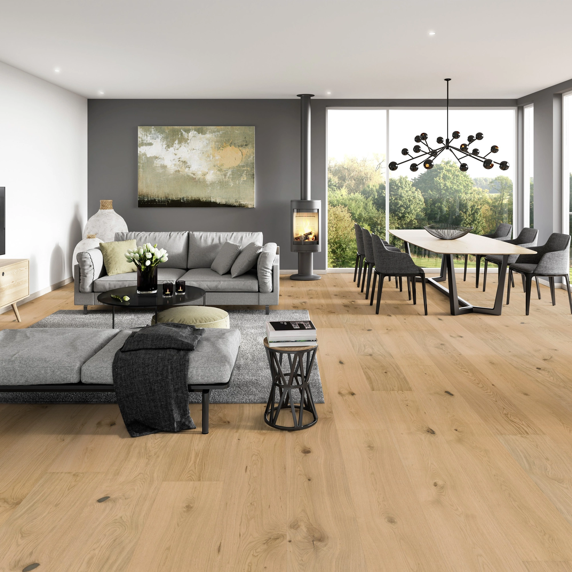 Milieubild Modernes Wohnzimmer mit Essbereich - ter Hürne Holzboden Hywood EVO Noblesse Collection Eiche Wind Cave Milieubild Modernes Wohnzimmer mit Essbereich - ter Hürne 1101281102