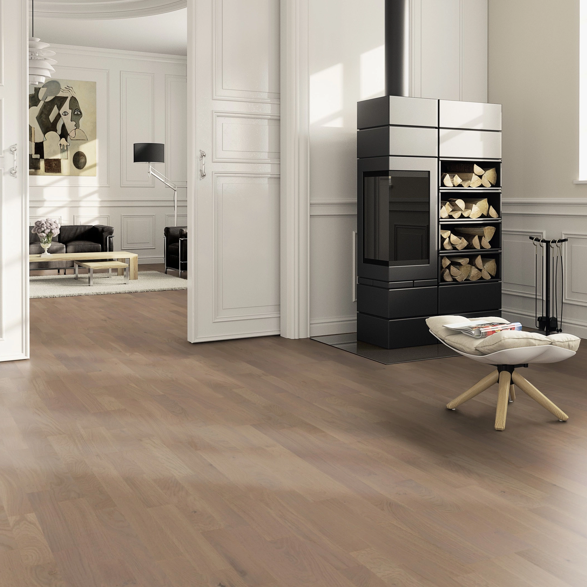 Milieubild Wohnzimmer im Landhaus-Stil mit Kamin - ter Hürne Parkett Tailored Collection Eiche Silvaner Milieubild Wohnzimmer im Landhaus-Stil mit Kamin - ter Hürne 1101312502