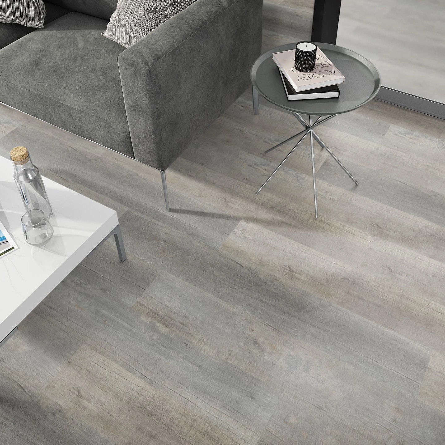 Milieubild Wohnzimmer - Sofa mit Beistelltisch und Glastür - nexflor Rigid Klick-Vinyl Apollo Click Collection Argos Oak Milieubild Wohnzimmer - Sofa mit Beistelltisch und Glastür - nexflor NXF-60030-011