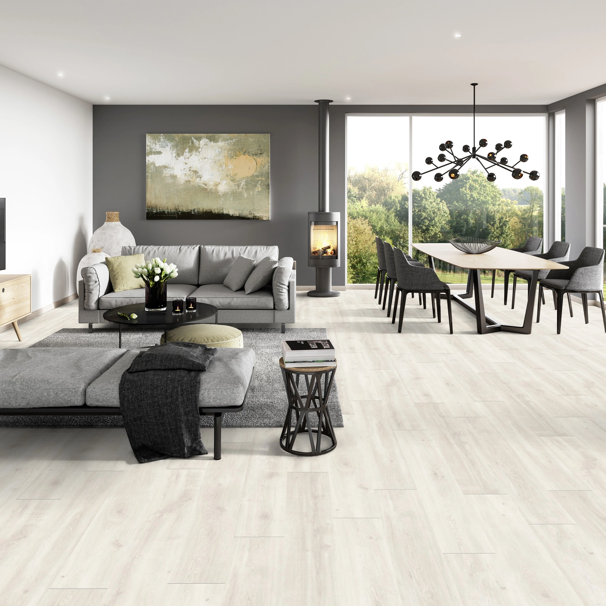 Milieubild Modernes Wohnzimmer mit Essbereich - ter Hürne Laminat Classic Edition Eiche Sushi Bar Milieubild Modernes Wohnzimmer mit Essbereich - ter Hürne 1101021820