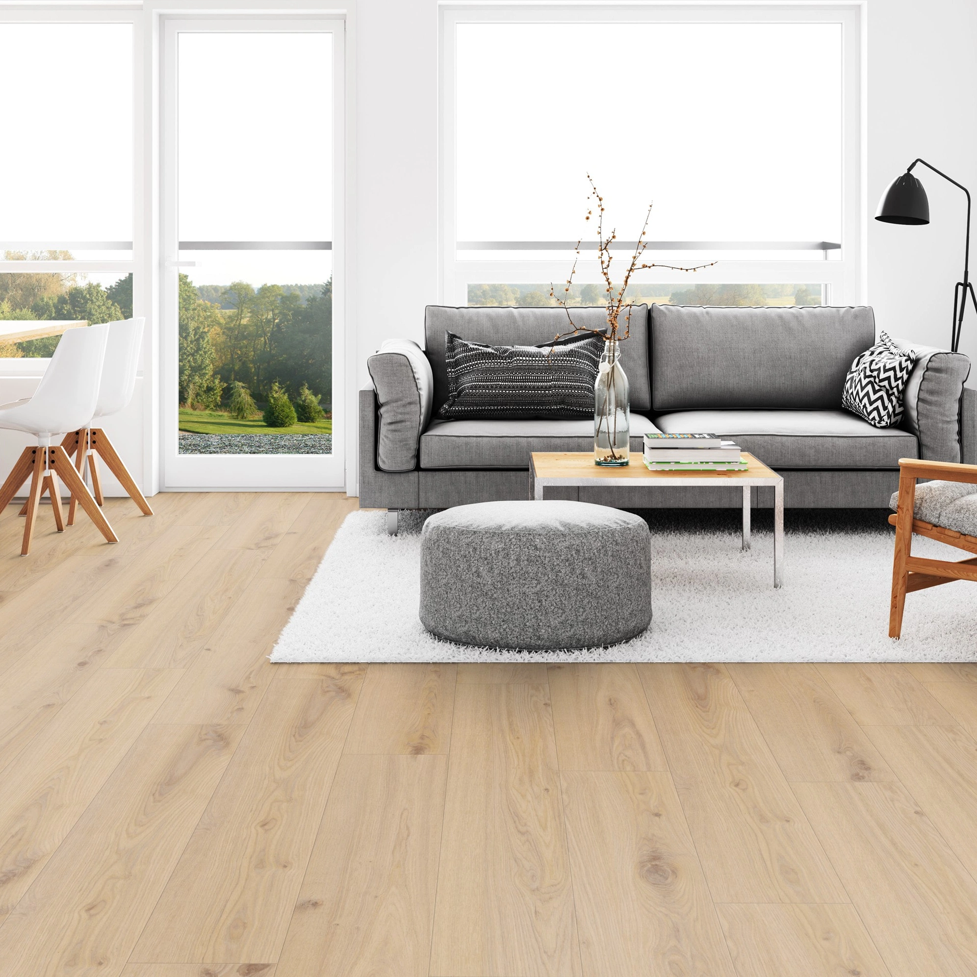 Milieubild Wohnzimmer mit Esszimmer - Tarkett Rigid Klick-Vinyl Essence Rigid 55 Primary Oak Beige Milieubild Wohnzimmer mit Esszimmer - Tarkett 260030003