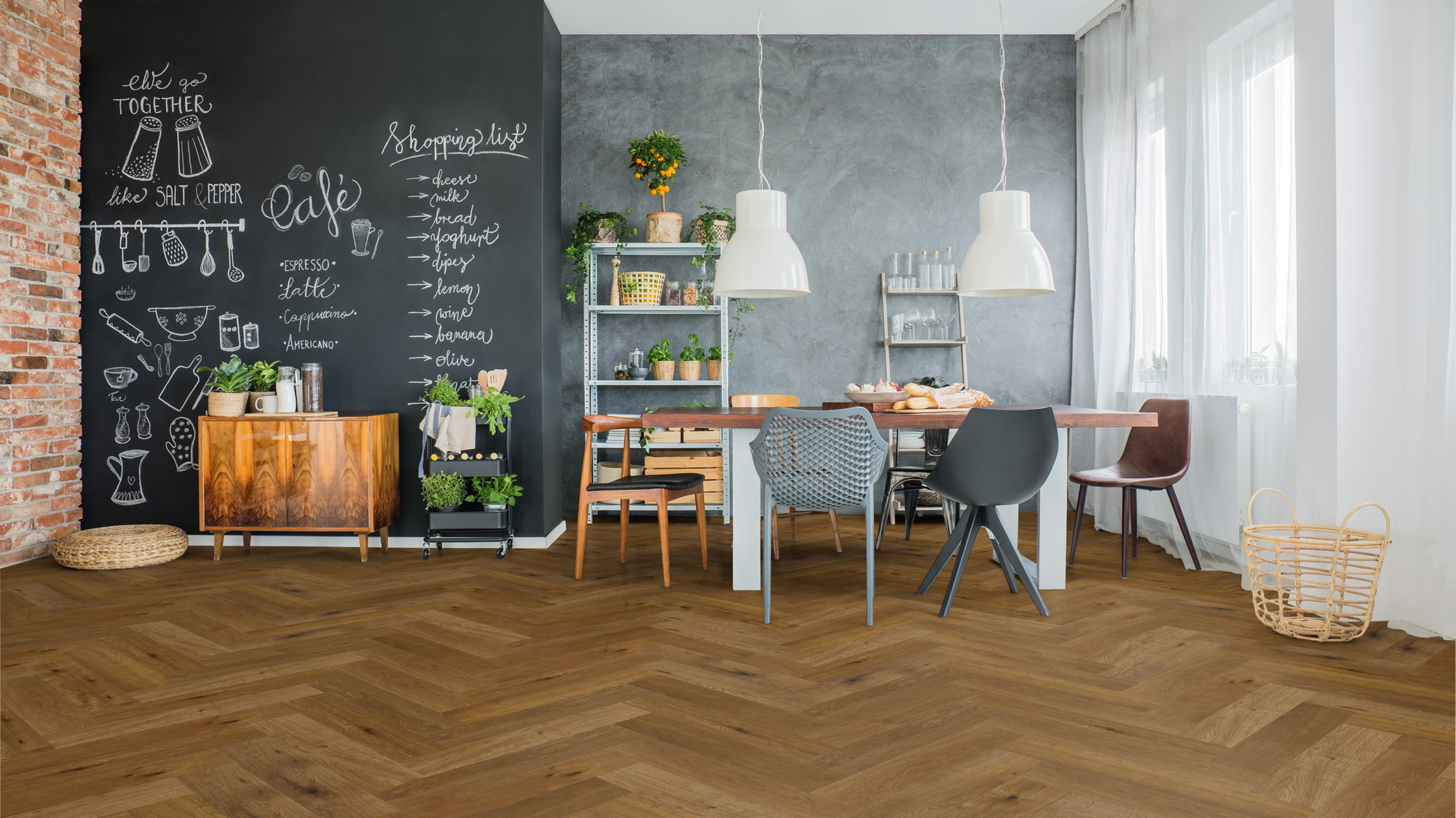 Milieubild Esszimmer mit Wandtafel und Sitzgruppe - Thede & Witte Parkett Maxistab Eiche geräuchert Milieubild Esszimmer mit Wandtafel und Sitzgruppe - Thede & Witte 52MSÖENF15EI65