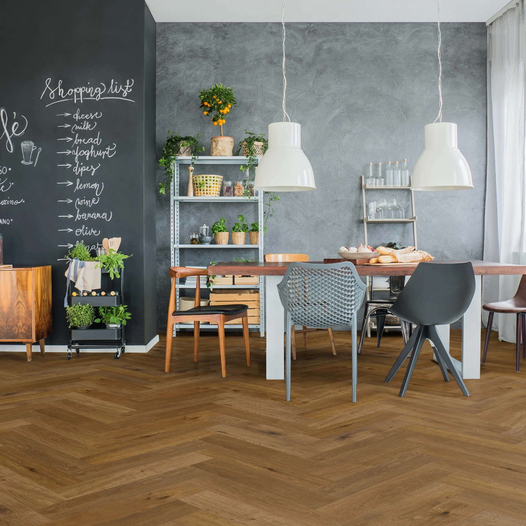 Milieubild Esszimmer mit Wandtafel und Sitzgruppe - Thede & Witte Parkett Maxistab Eiche geräuchert Milieubild Esszimmer mit Wandtafel und Sitzgruppe - Thede & Witte 52MSÖENF15EI65