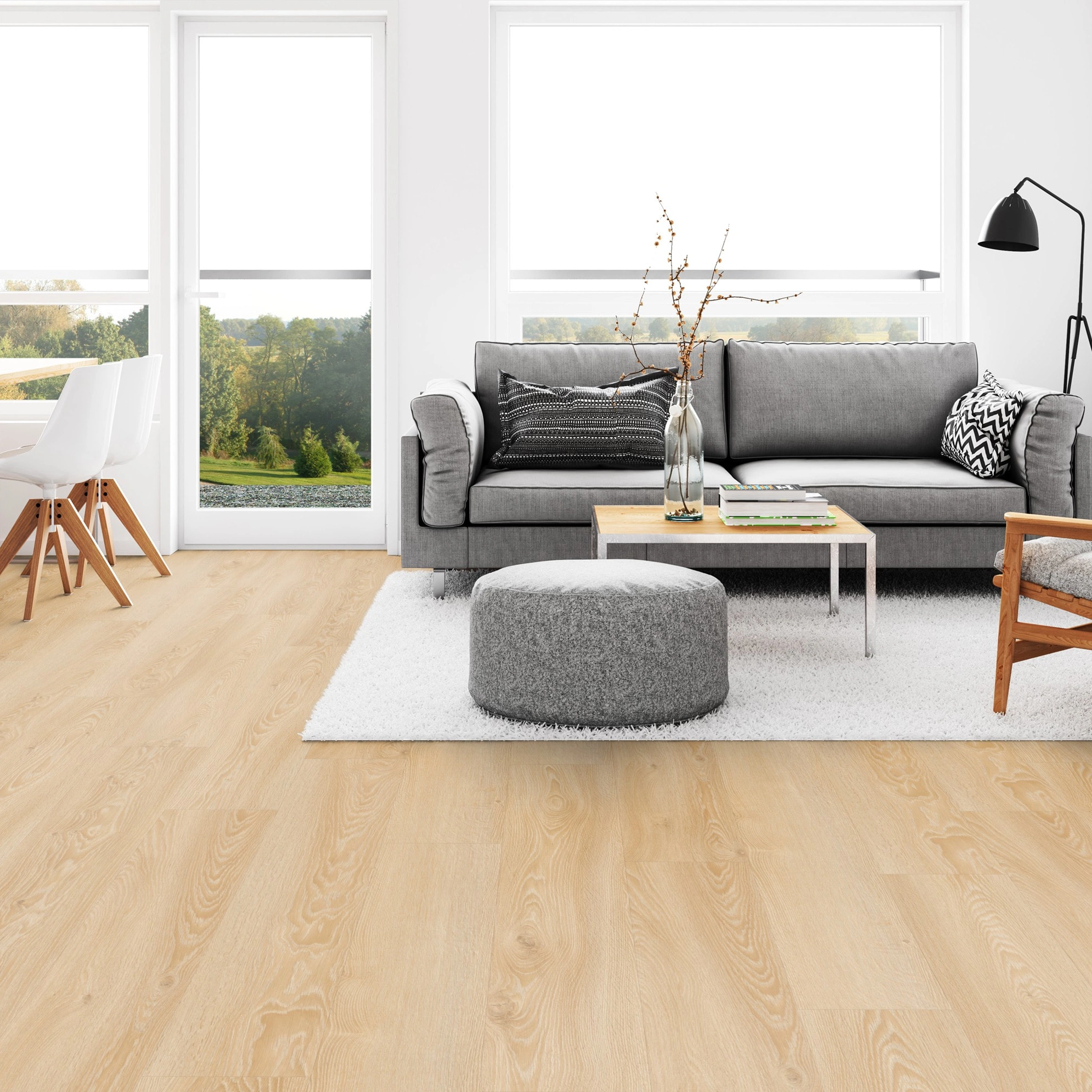 Milieubild Wohnzimmer mit Esszimmer - Tarkett Klebe-Vinyl Essence 55 Cool Oak Classical Milieubild Wohnzimmer mit Esszimmer - Tarkett 260053001