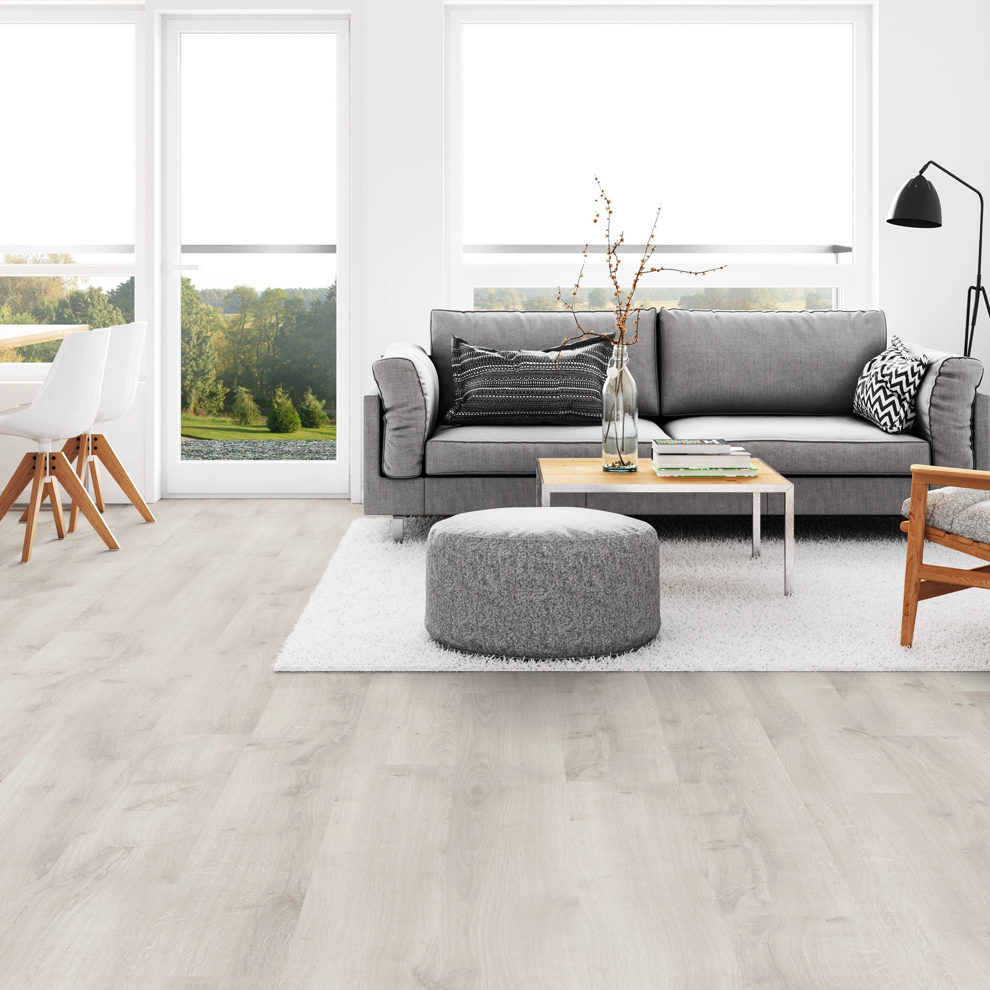 Milieubild Wohnzimmer mit Esszimmer - Tarkett Klebe-Vinyl iD Inspiration 30 CLASSICS Rustic Oak Light Grey Milieubild Wohnzimmer mit Esszimmer - Tarkett 24524026