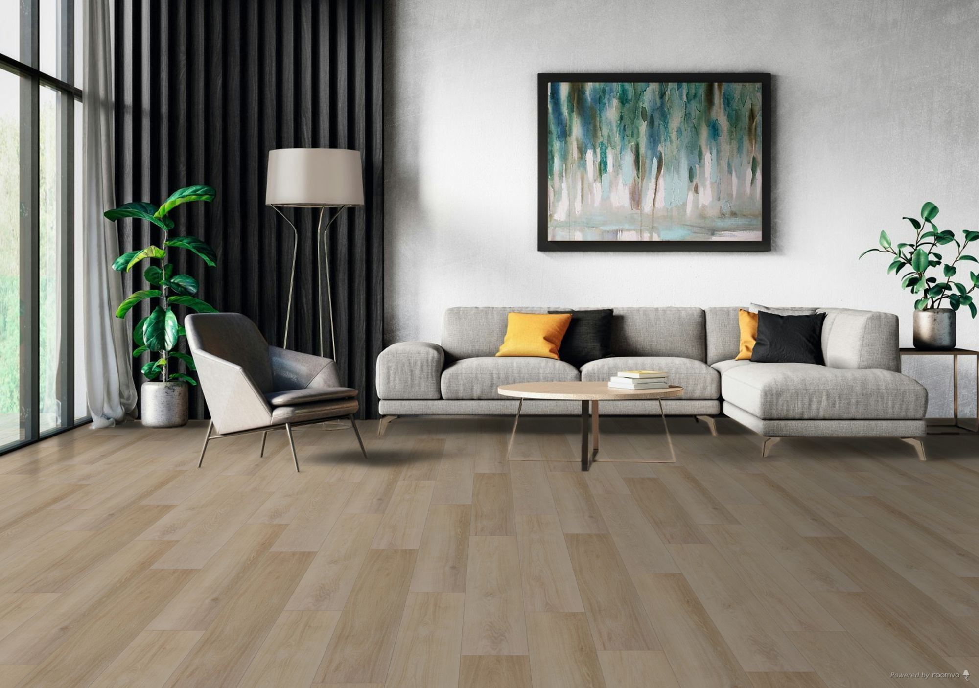 Milieubild Modernes Wohnzimmer mit Sessel und Sofa - BerryAlloc Klebe-Vinyl Zenn Gluedown 55 Sorrento Milieubild Modernes Wohnzimmer mit Sessel und Sofa - BerryAlloc 60002250