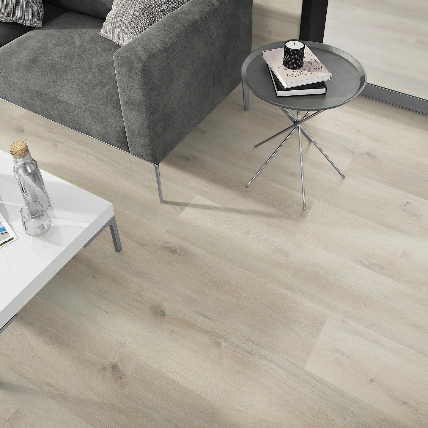 Milieubild Wohnzimmer - Sofa mit Beistelltisch und Glastür - nexflor Klebe-Vinyl Helios Collection Phocis Oak Milieubild Wohnzimmer - Sofa mit Beistelltisch und Glastür - nexflor NXF-10030-001
