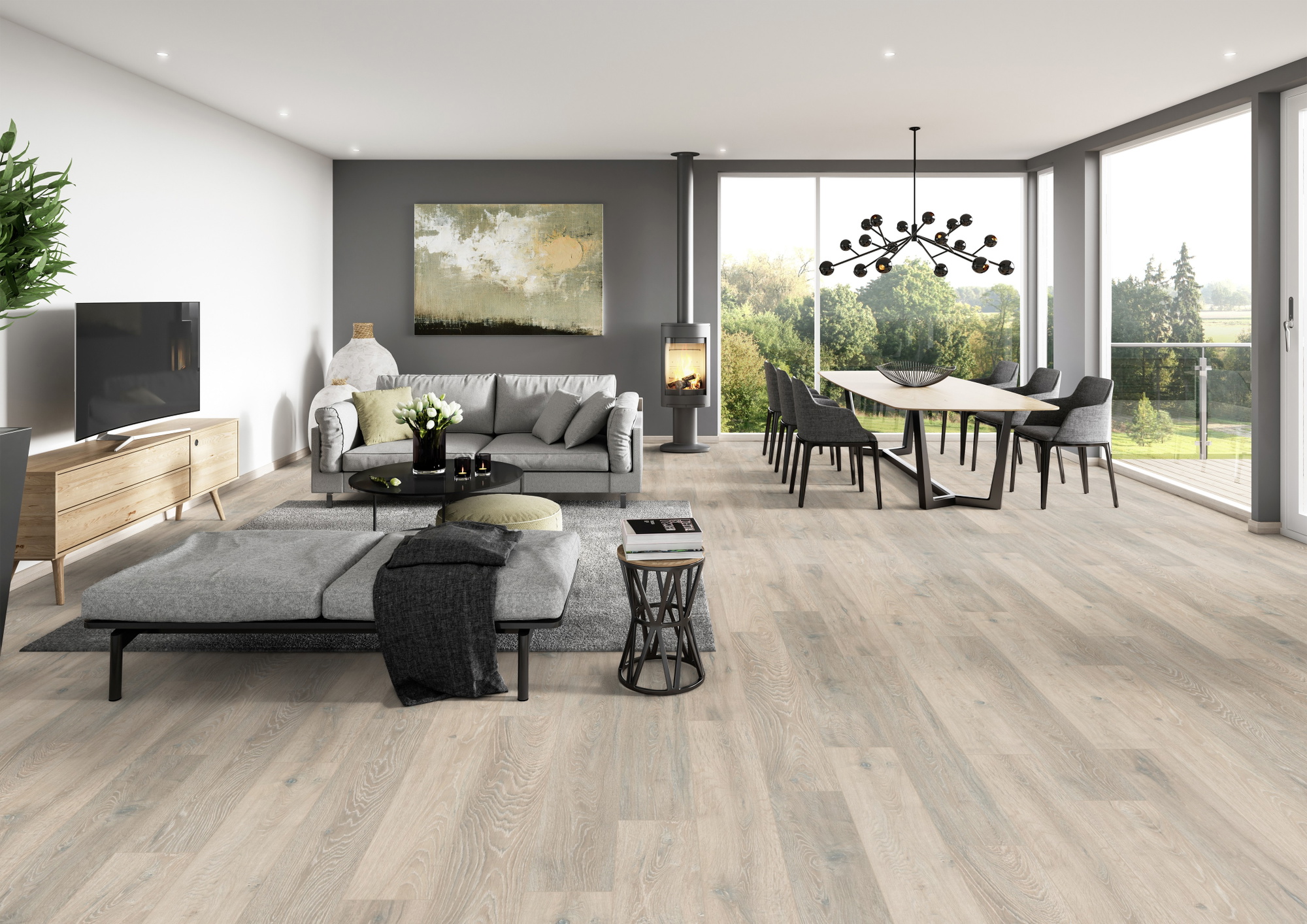 Milieubild Modernes Wohnzimmer mit Essbereich - ter Hürne Klick-Designboden Dureco Strong Classic Edition Eiche Fiji Milieubild Modernes Wohnzimmer mit Essbereich - ter Hürne 1101260047