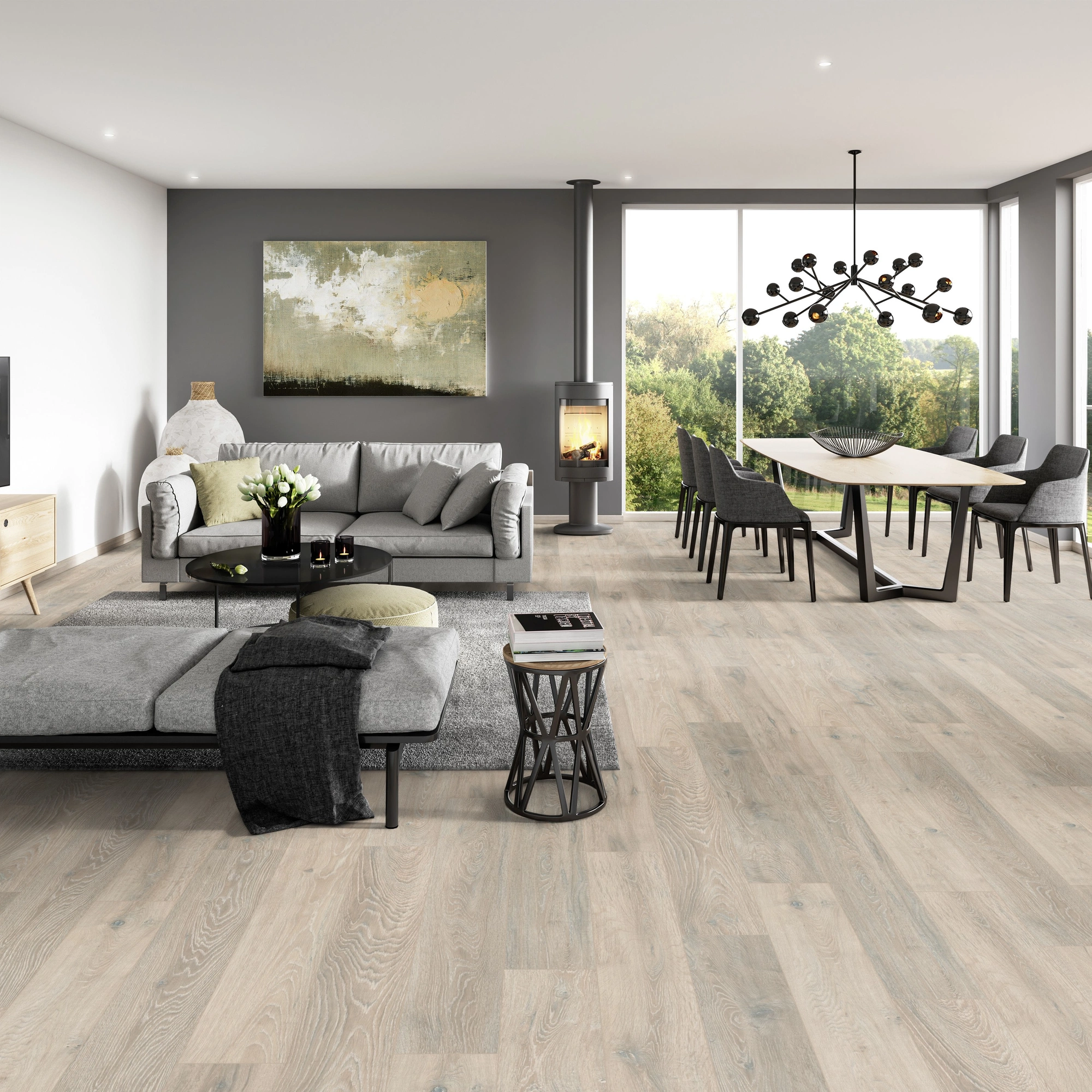 Milieubild Modernes Wohnzimmer mit Essbereich - ter Hürne Klick-Designboden Dureco Strong Classic Edition Eiche Fiji Milieubild Modernes Wohnzimmer mit Essbereich - ter Hürne 1101260047